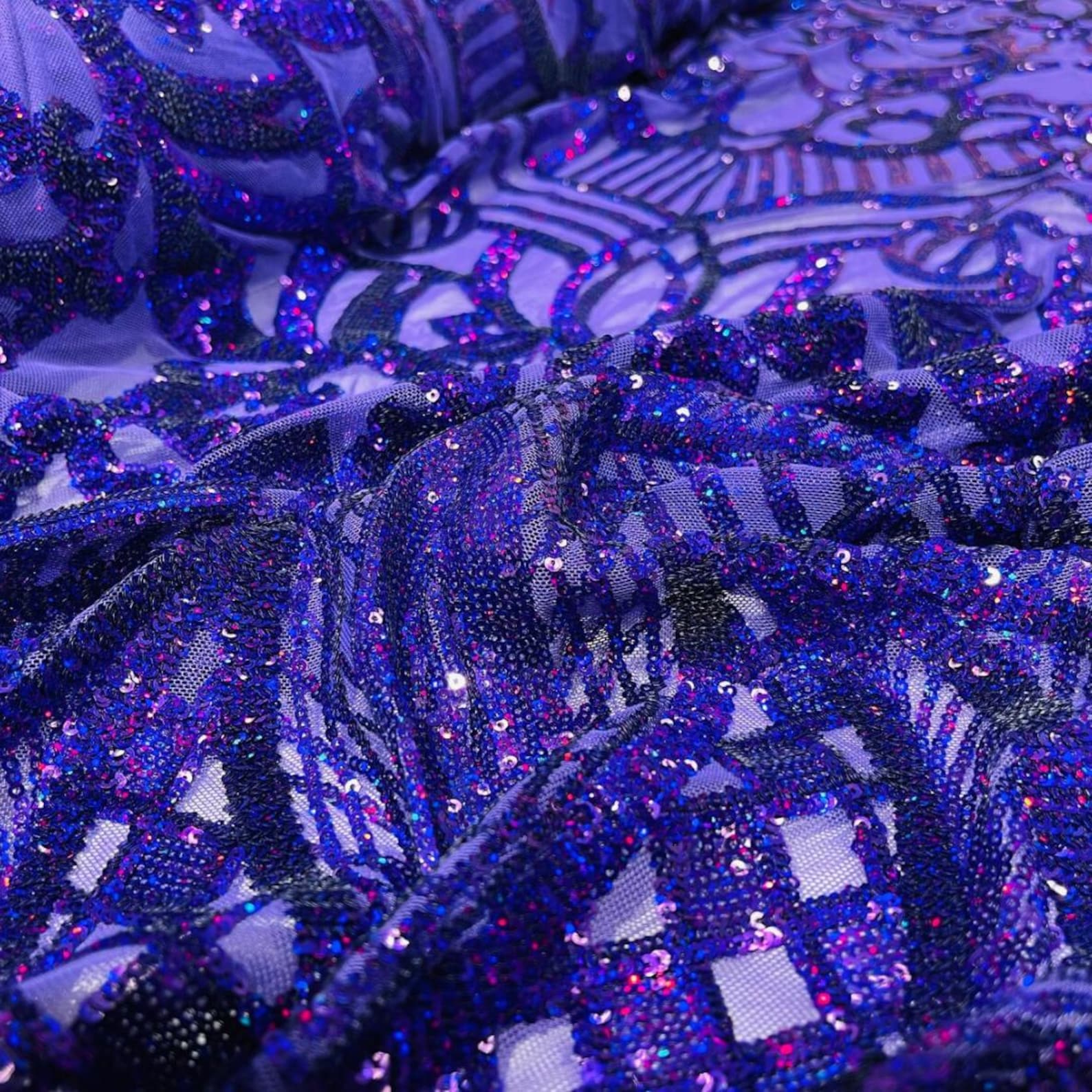 Purple - Marvelous Mermaid Luxury Shiny Sequin 4-Way Stretch Mesh Fabric – Prom & Evening Dress Material By The Yard.
