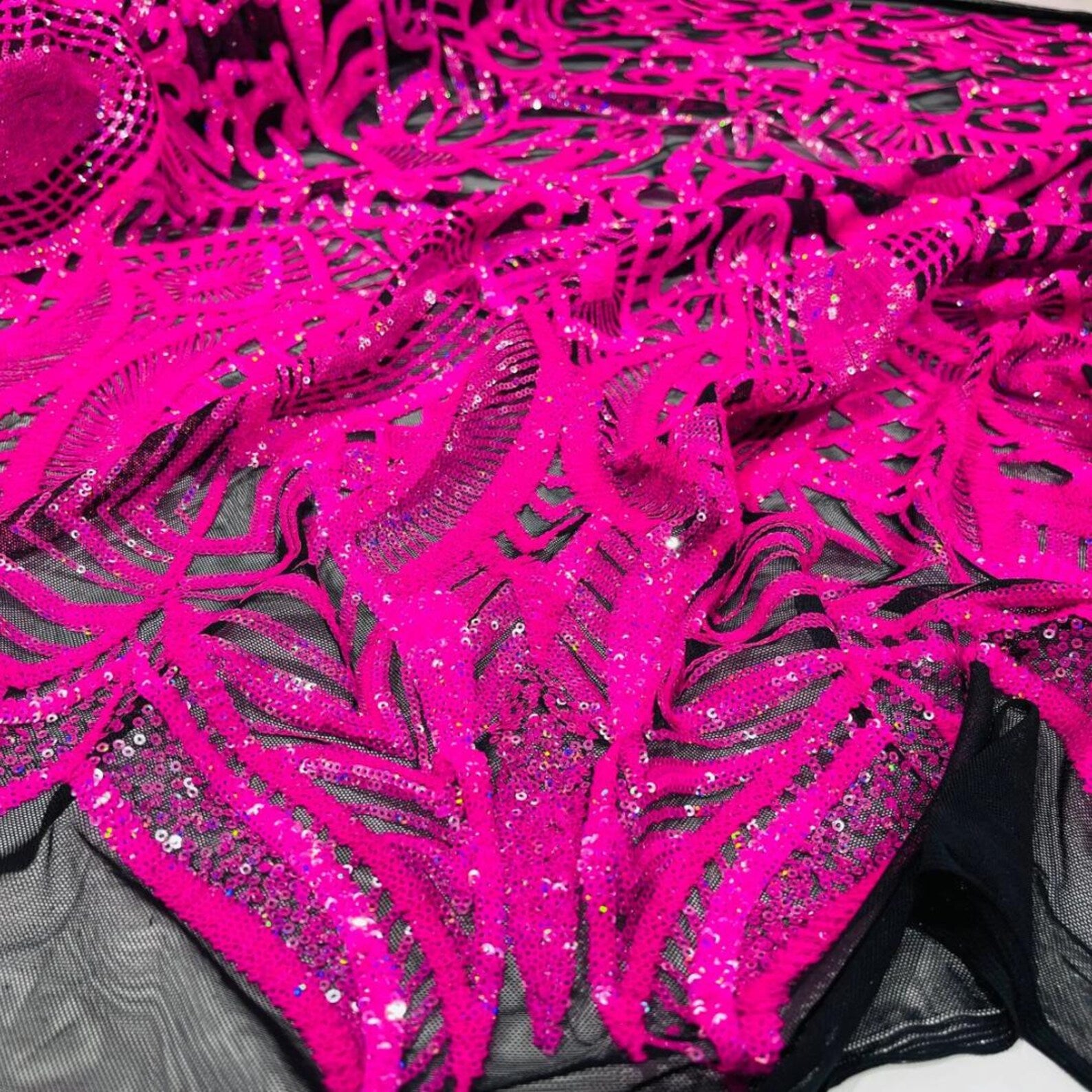 Neon Pink Black - Marvelous Mermaid Luxury Shiny Sequin 4-Way Stretch Mesh Fabric – Prom & Evening Dress Material By The Yard.