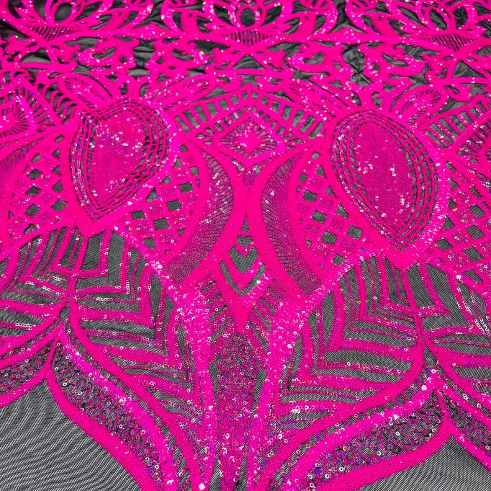 Neon Pink Black - Marvelous Mermaid Luxury Shiny Sequin 4-Way Stretch Mesh Fabric – Prom & Evening Dress Material By The Yard.