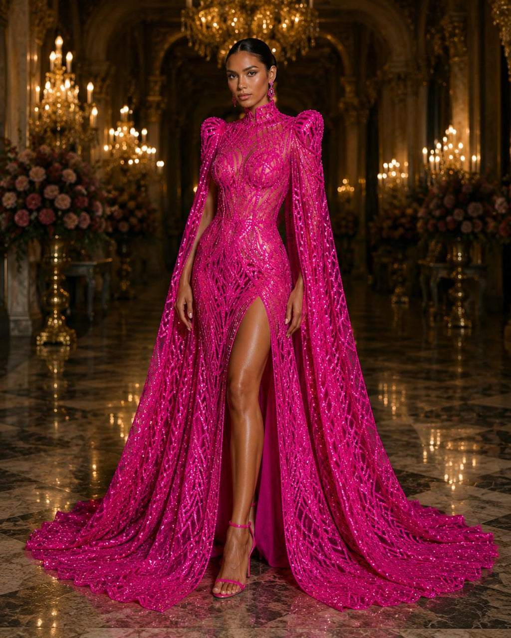 Neon Pink Black - Marvelous Mermaid Luxury Shiny Sequin 4-Way Stretch Mesh Fabric – Prom & Evening Dress Material By The Yard.