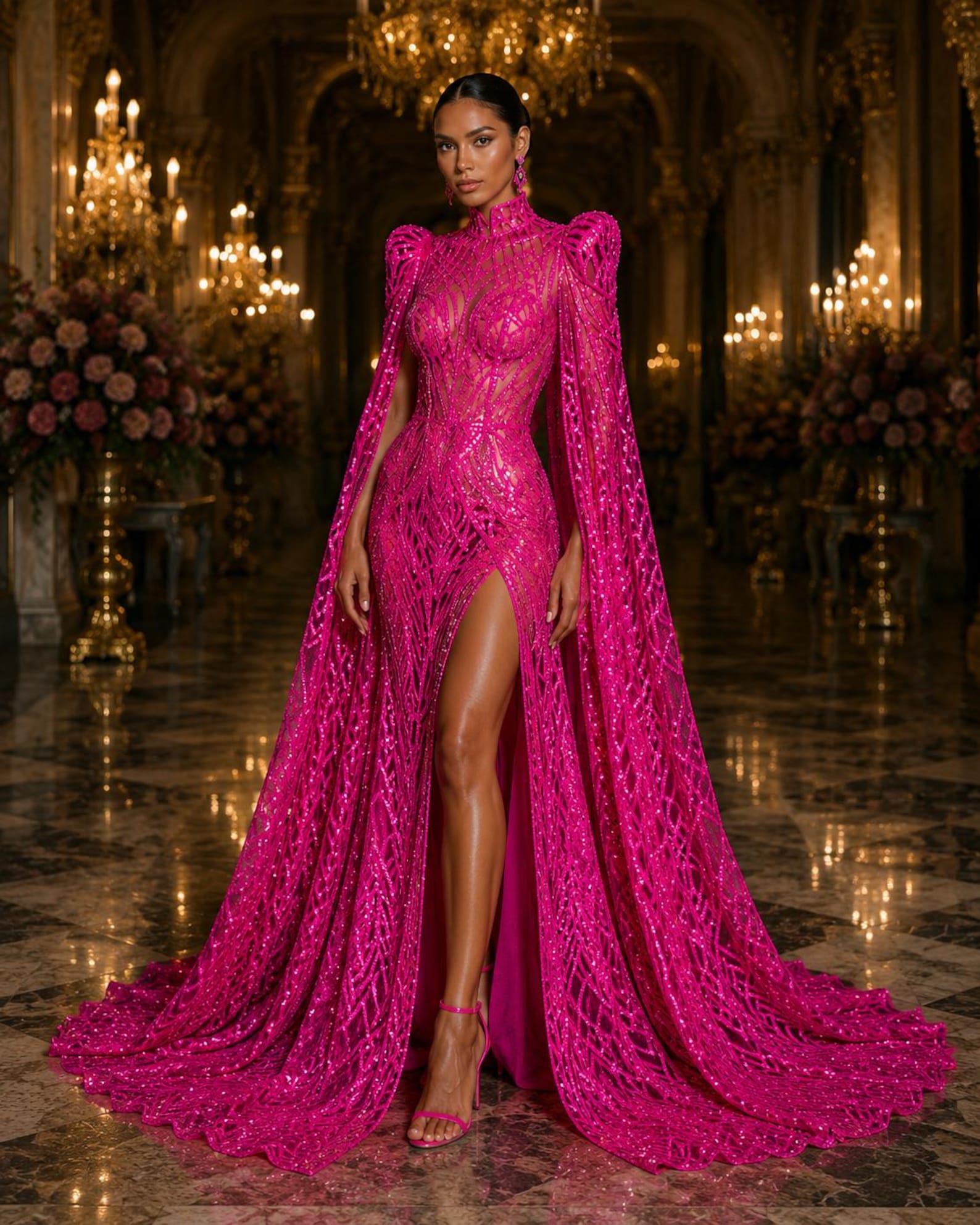Neon Pink Black - Marvelous Mermaid Luxury Shiny Sequin 4-Way Stretch Mesh Fabric – Prom & Evening Dress Material By The Yard.