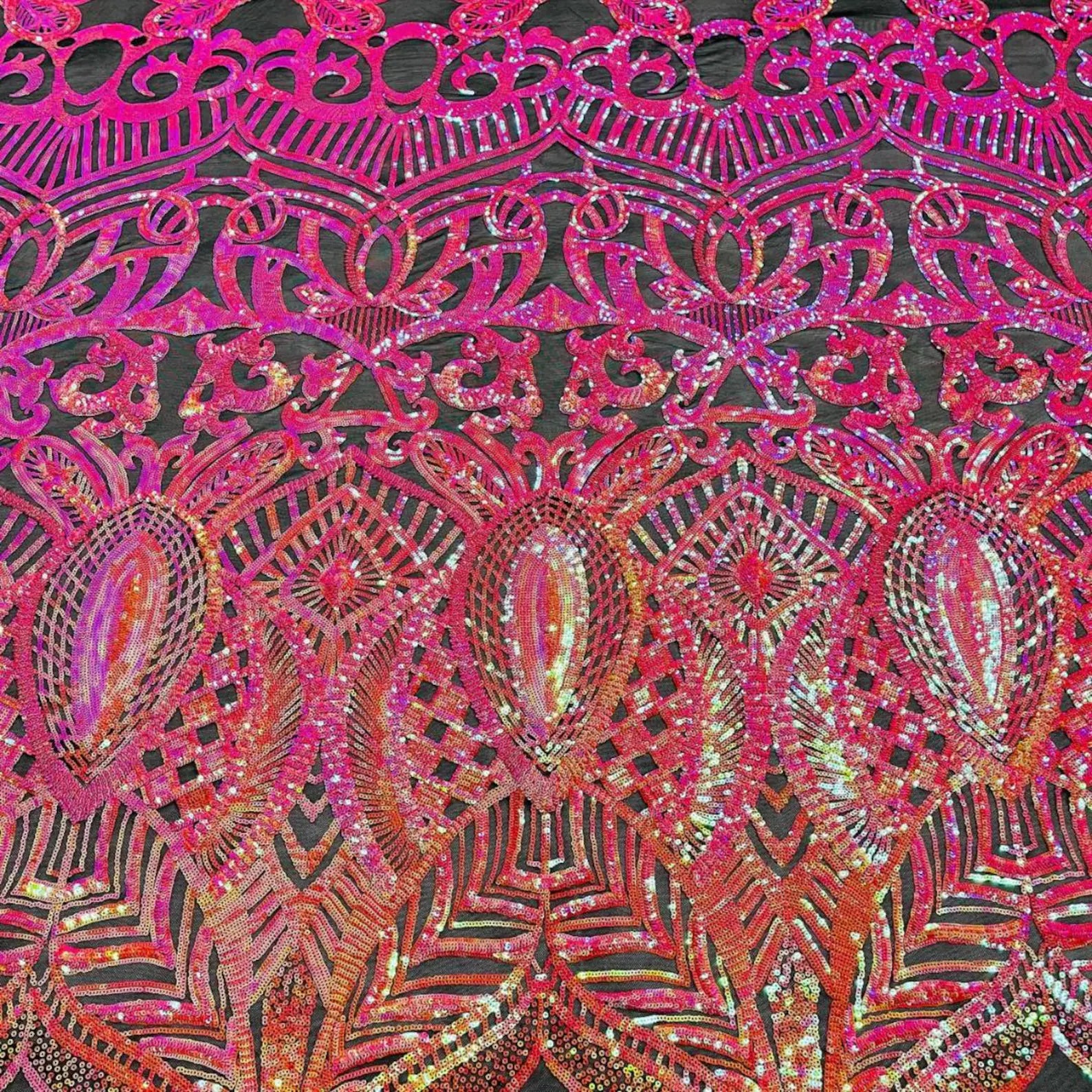 Fuchsia/Gold/Black - Marvelous Mermaid Luxury Shiny Sequin 4-Way Stretch Mesh Fabric – Prom & Evening Dress Material By The Yard.