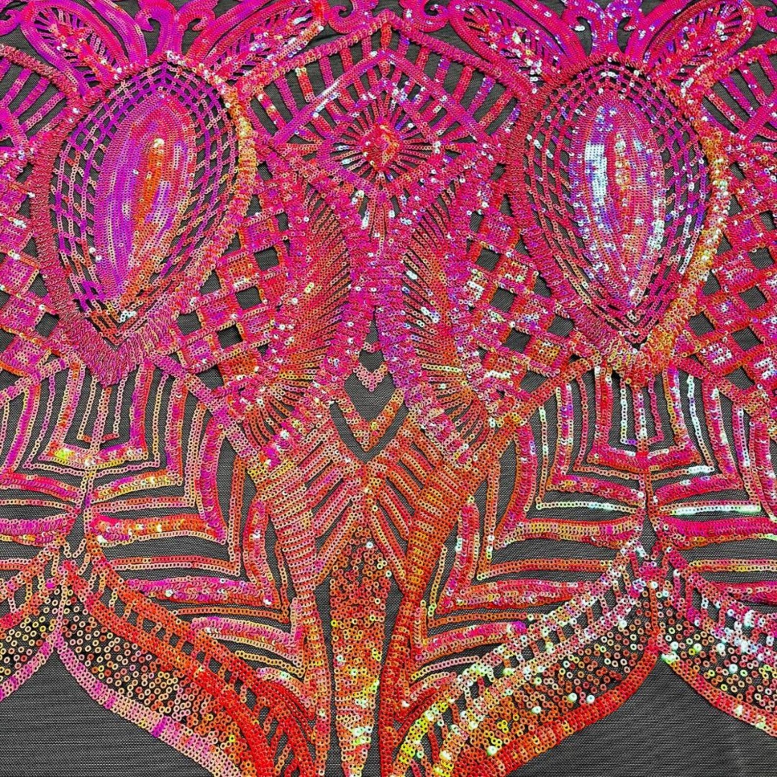 Fuchsia/Gold/Black - Marvelous Mermaid Luxury Shiny Sequin 4-Way Stretch Mesh Fabric – Prom & Evening Dress Material By The Yard.