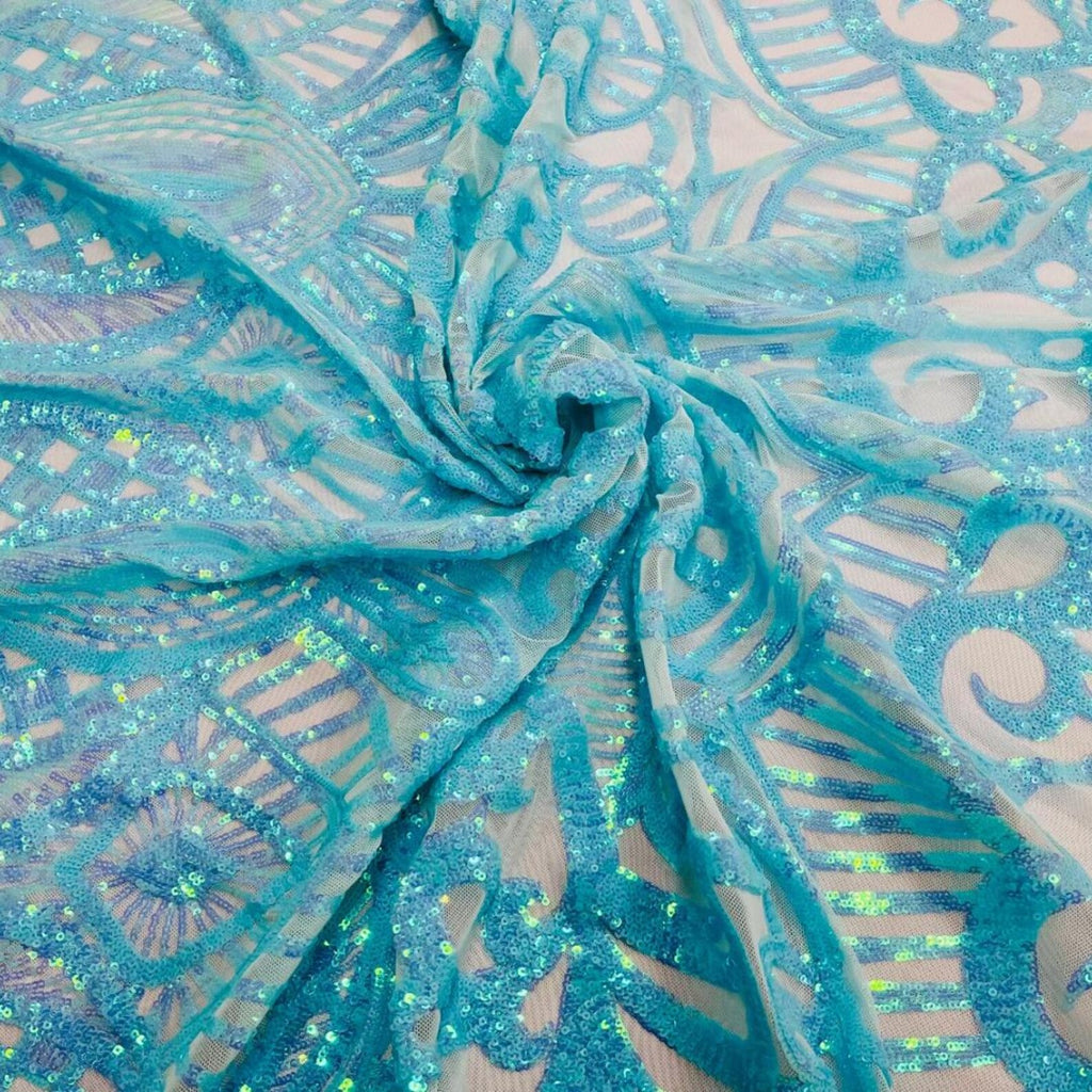 Mint/Aqua - Marvelous Mermaid Luxury Shiny Sequin 4-Way Stretch Mesh Fabric – Prom & Evening Dress Material By The Yard.
