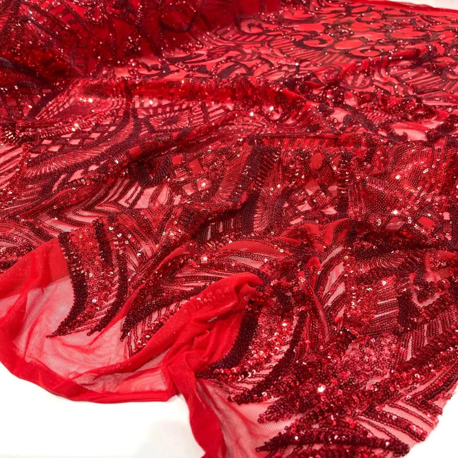 Red - Marvelous Mermaid Luxury Shiny Sequin 4-Way Stretch Mesh Fabric – Prom & Evening Dress Material By The Yard.