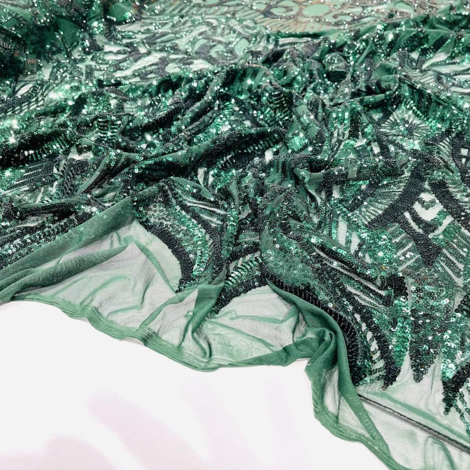 Hunter Green - Marvelous Mermaid Luxury Shiny Sequin 4-Way Stretch Mesh Fabric – Prom & Evening Dress Material By The Yard.