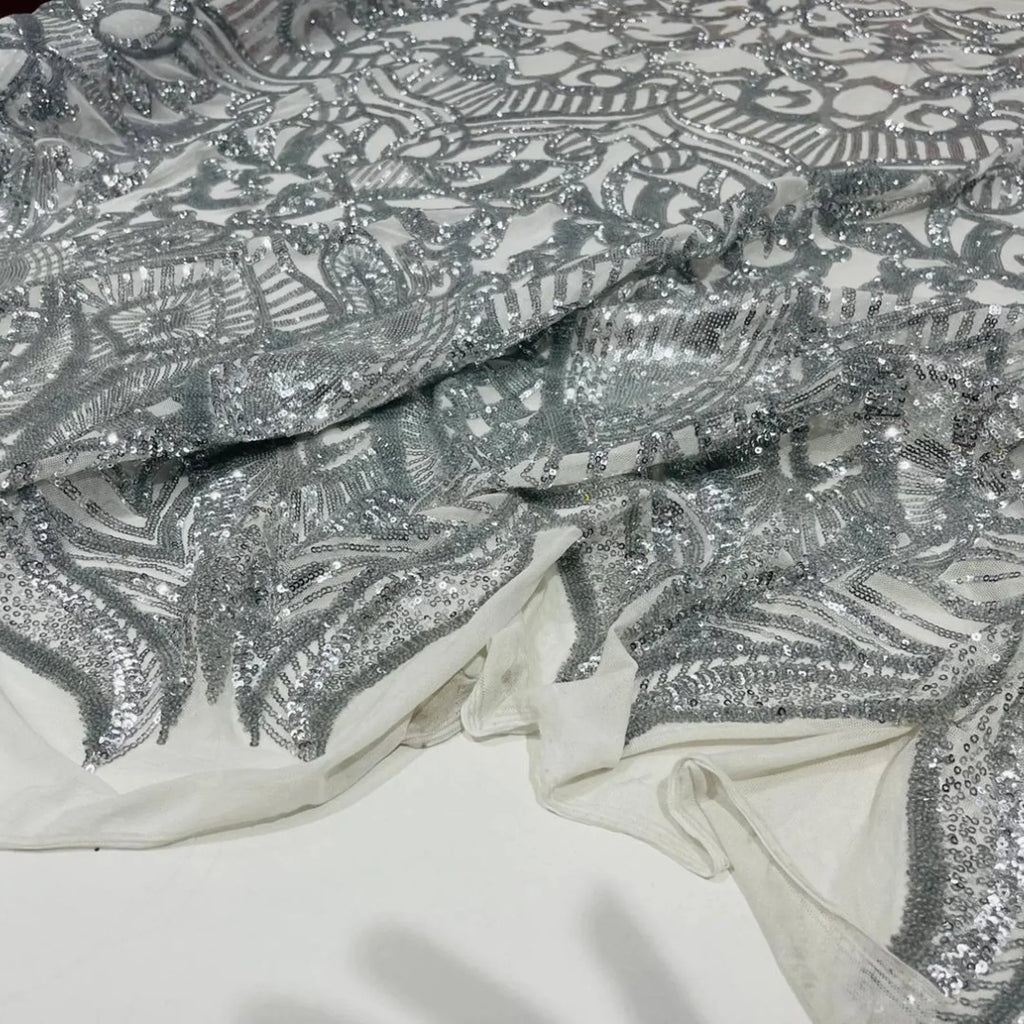 Silver - Marvelous Mermaid Luxury Shiny Sequin 4-Way Stretch Mesh Fabric – Prom & Evening Dress Material By The Yard.