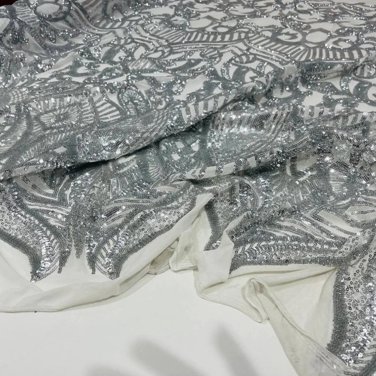 Silver - Marvelous Mermaid Luxury Shiny Sequin 4-Way Stretch Mesh Fabric – Prom & Evening Dress Material By The Yard.