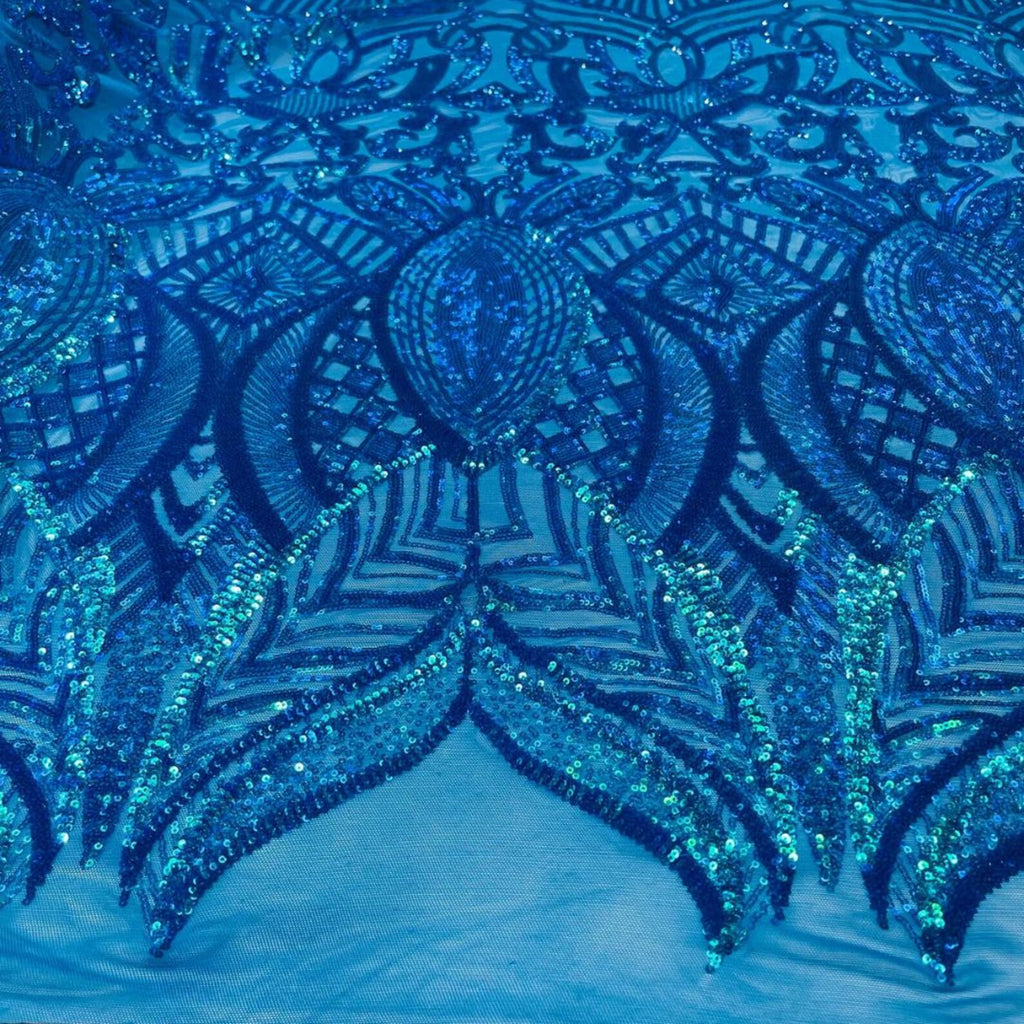 Turquoise - Marvelous Mermaid Luxury Shiny Sequin 4-Way Stretch Mesh Fabric – Prom & Evening Dress Material By The Yard.