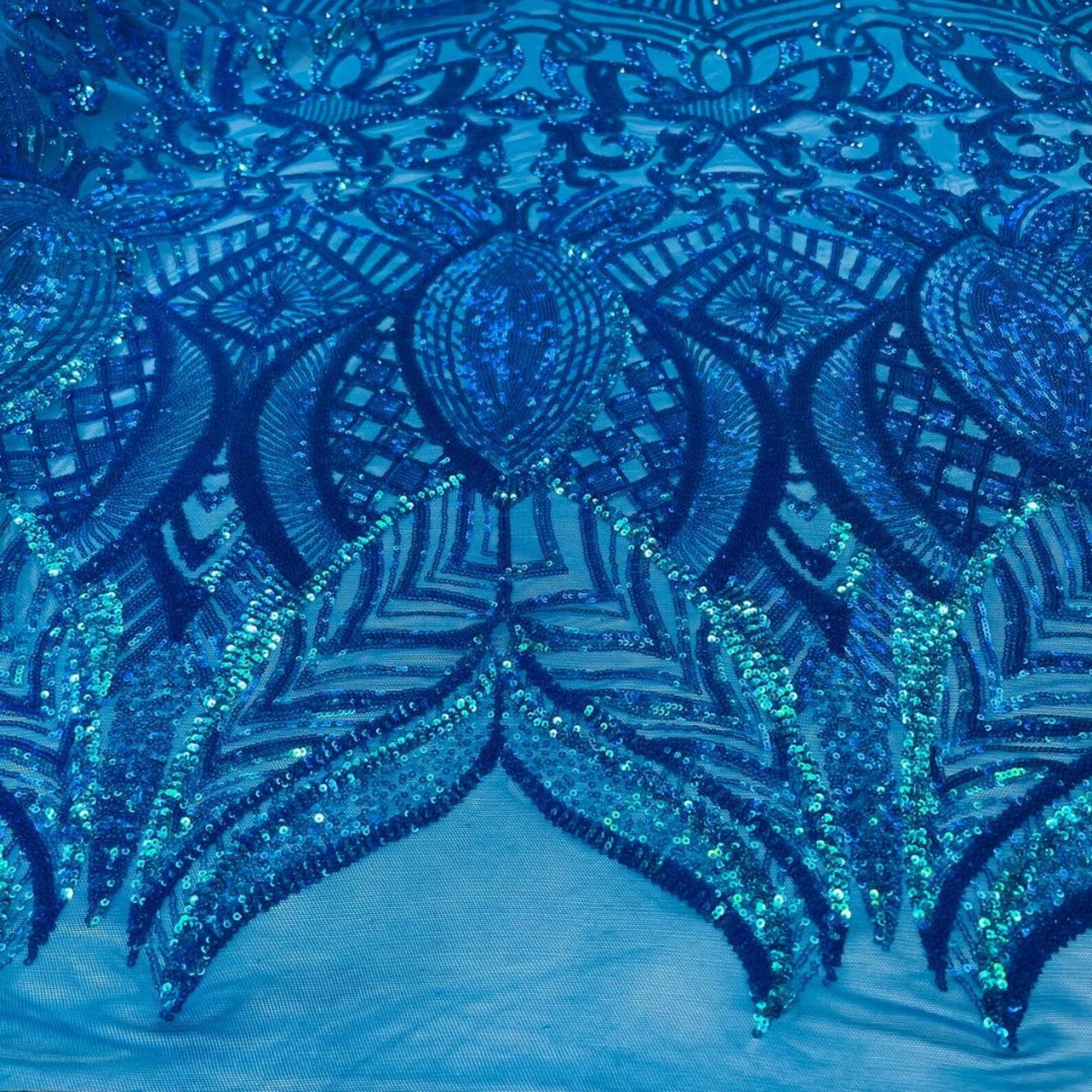 Turquoise - Marvelous Mermaid Luxury Shiny Sequin 4-Way Stretch Mesh Fabric – Prom & Evening Dress Material By The Yard.