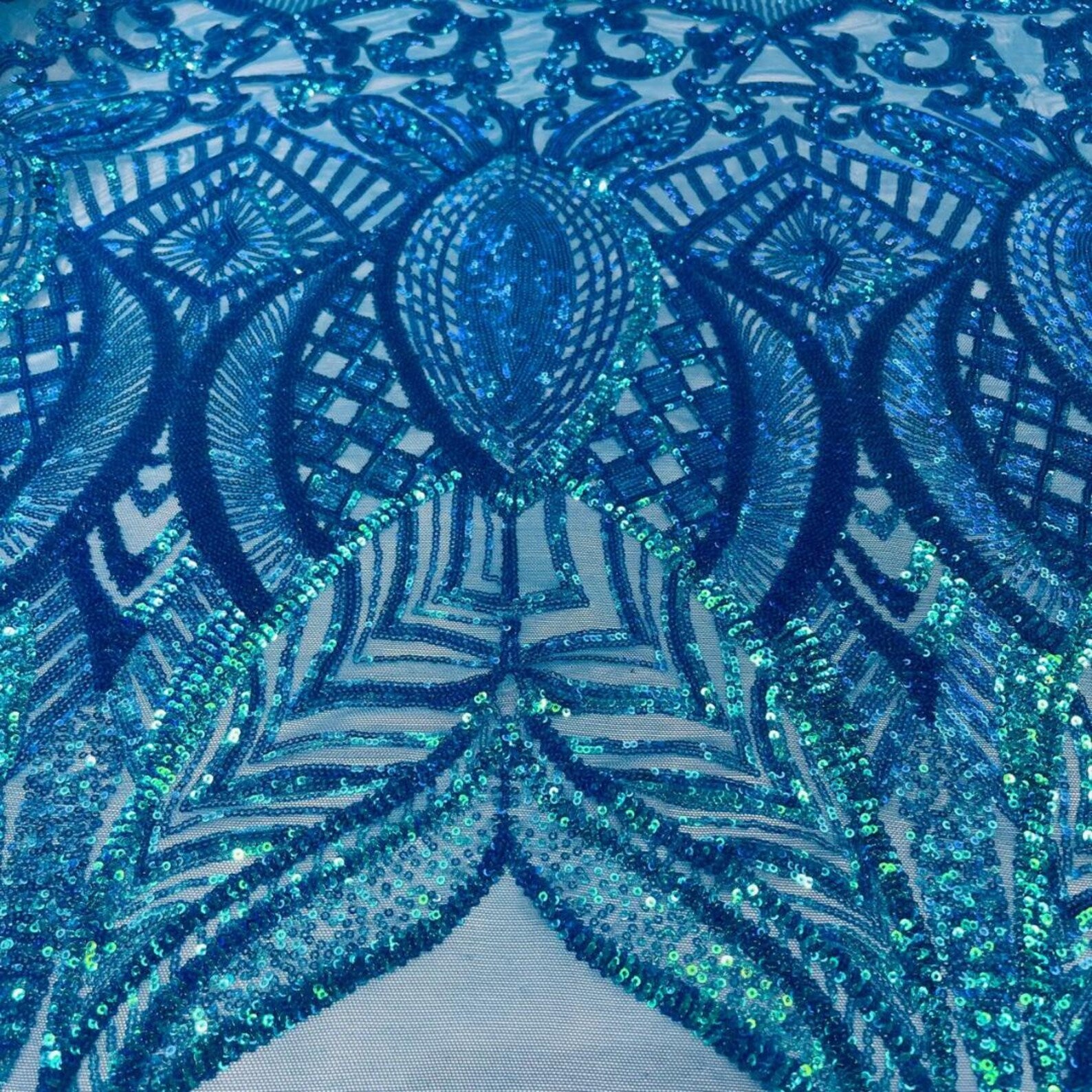 Turquoise - Marvelous Mermaid Luxury Shiny Sequin 4-Way Stretch Mesh Fabric – Prom & Evening Dress Material By The Yard.