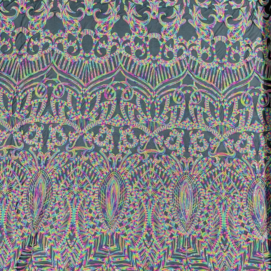 Rainbow Black - Marvelous Mermaid Luxury Shiny Sequin 4-Way Stretch Mesh Fabric – Prom & Evening Dress Material By The Yard.