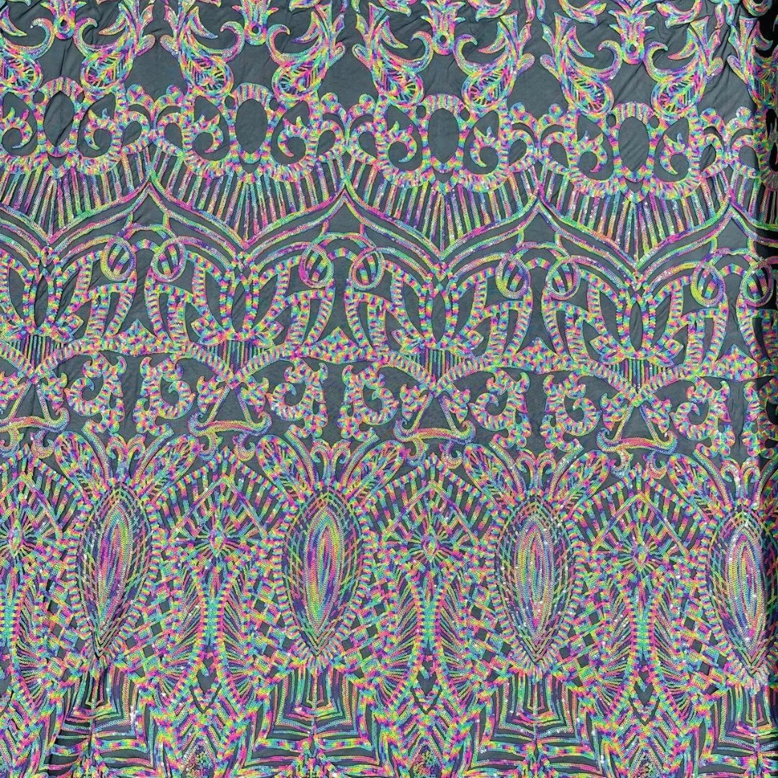 Rainbow Black - Marvelous Mermaid Luxury Shiny Sequin 4-Way Stretch Mesh Fabric – Prom & Evening Dress Material By The Yard.