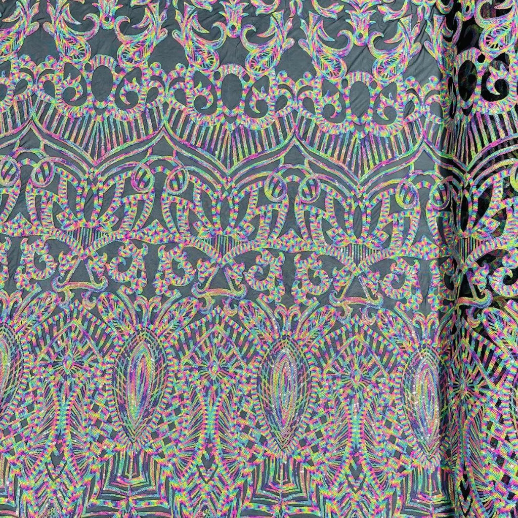 Rainbow Black - Marvelous Mermaid Luxury Shiny Sequin 4-Way Stretch Mesh Fabric – Prom & Evening Dress Material By The Yard.