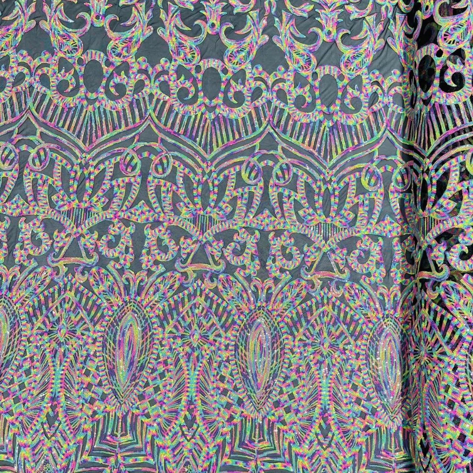Rainbow Black - Marvelous Mermaid Luxury Shiny Sequin 4-Way Stretch Mesh Fabric – Prom & Evening Dress Material By The Yard.