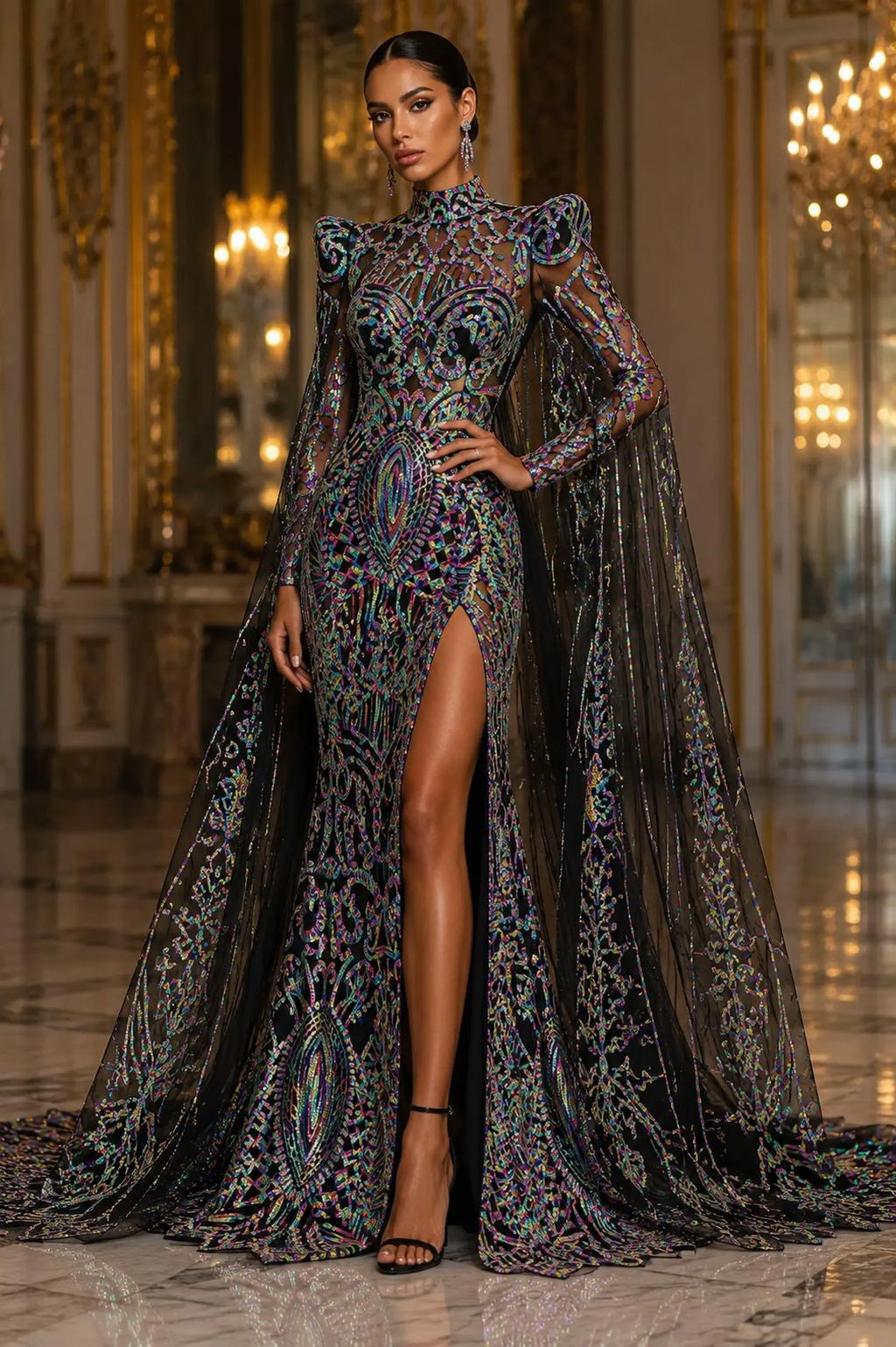 Rainbow Black - Marvelous Mermaid Luxury Shiny Sequin 4-Way Stretch Mesh Fabric – Prom & Evening Dress Material By The Yard.