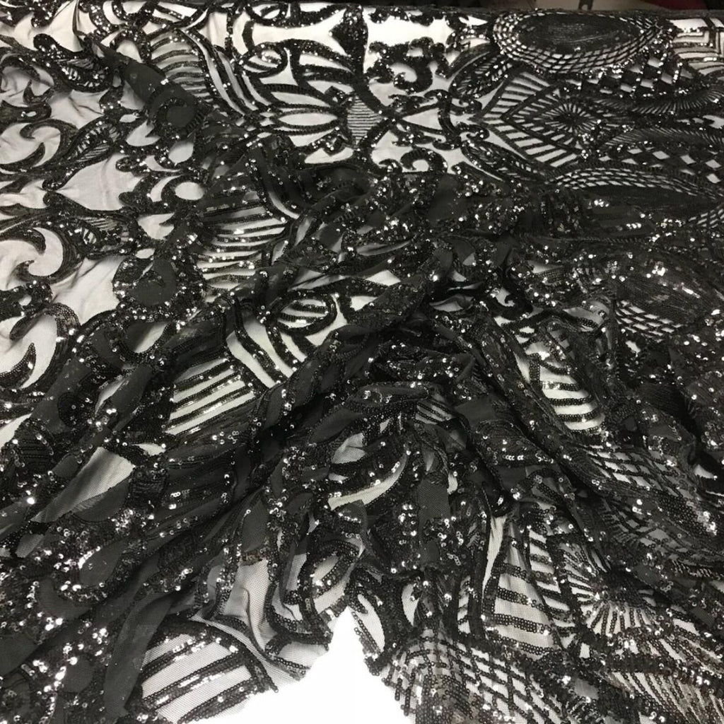 Black - Marvelous Mermaid Luxury Shiny Sequin 4-Way Stretch Mesh Fabric – Prom & Evening Dress Material By The Yard.