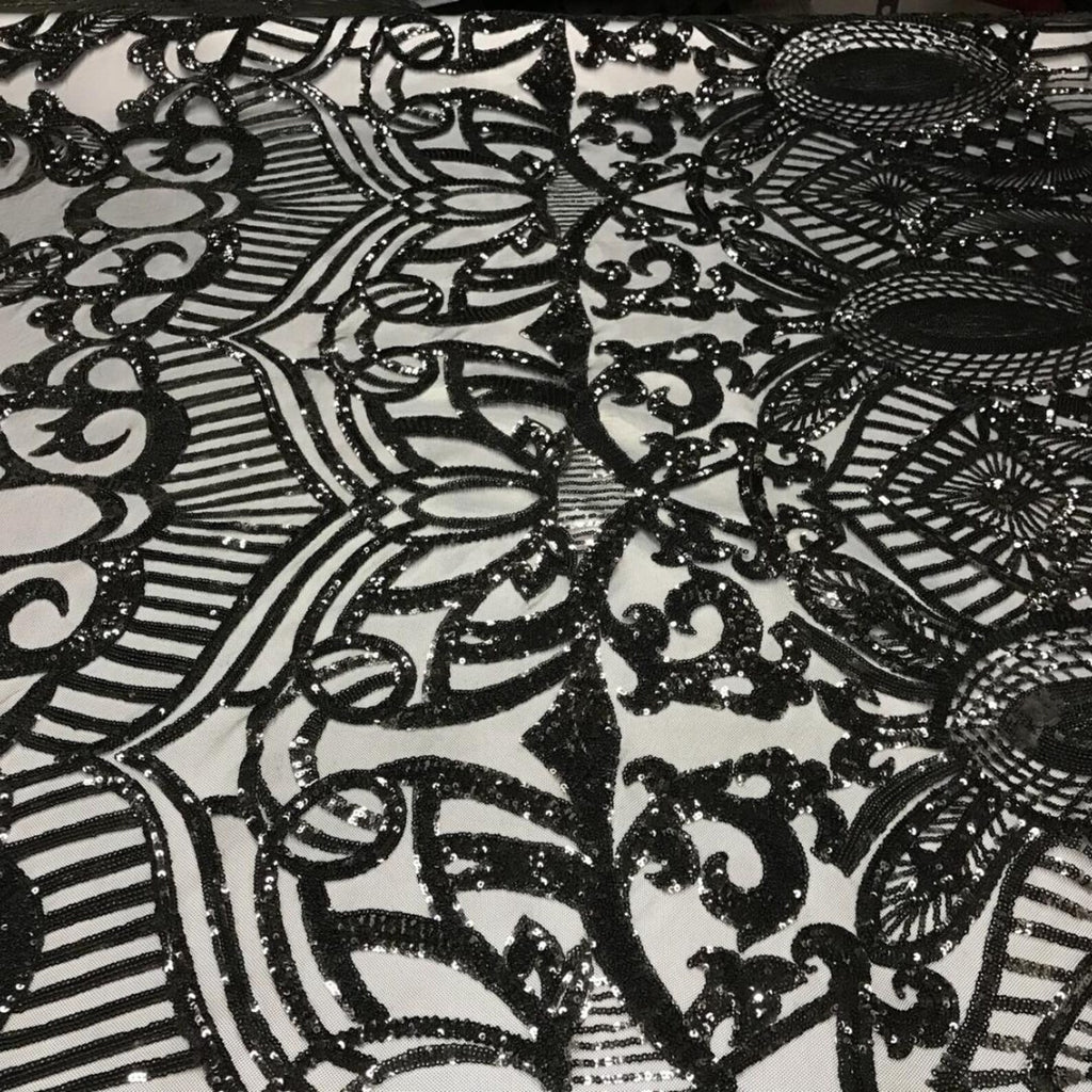 Black - Marvelous Mermaid Luxury Shiny Sequin 4-Way Stretch Mesh Fabric – Prom & Evening Dress Material By The Yard.