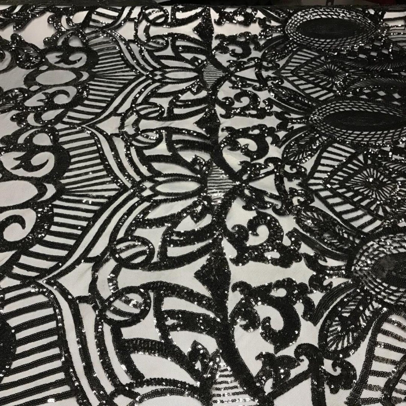 Black - Marvelous Mermaid Luxury Shiny Sequin 4-Way Stretch Mesh Fabric – Prom & Evening Dress Material By The Yard.