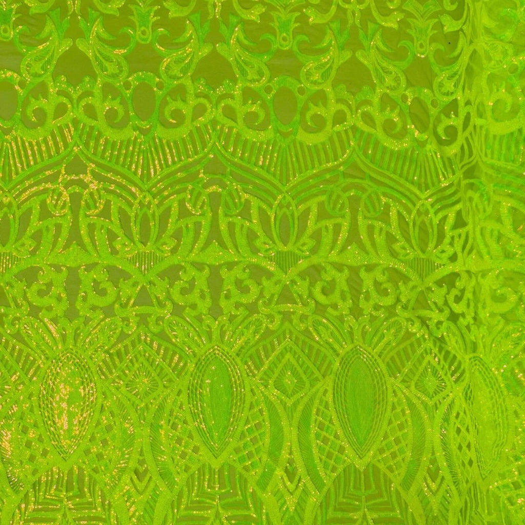 Neon Green - Marvelous Mermaid Luxury Shiny Sequin 4-Way Stretch Mesh Fabric – Prom & Evening Dress Material By The Yard.