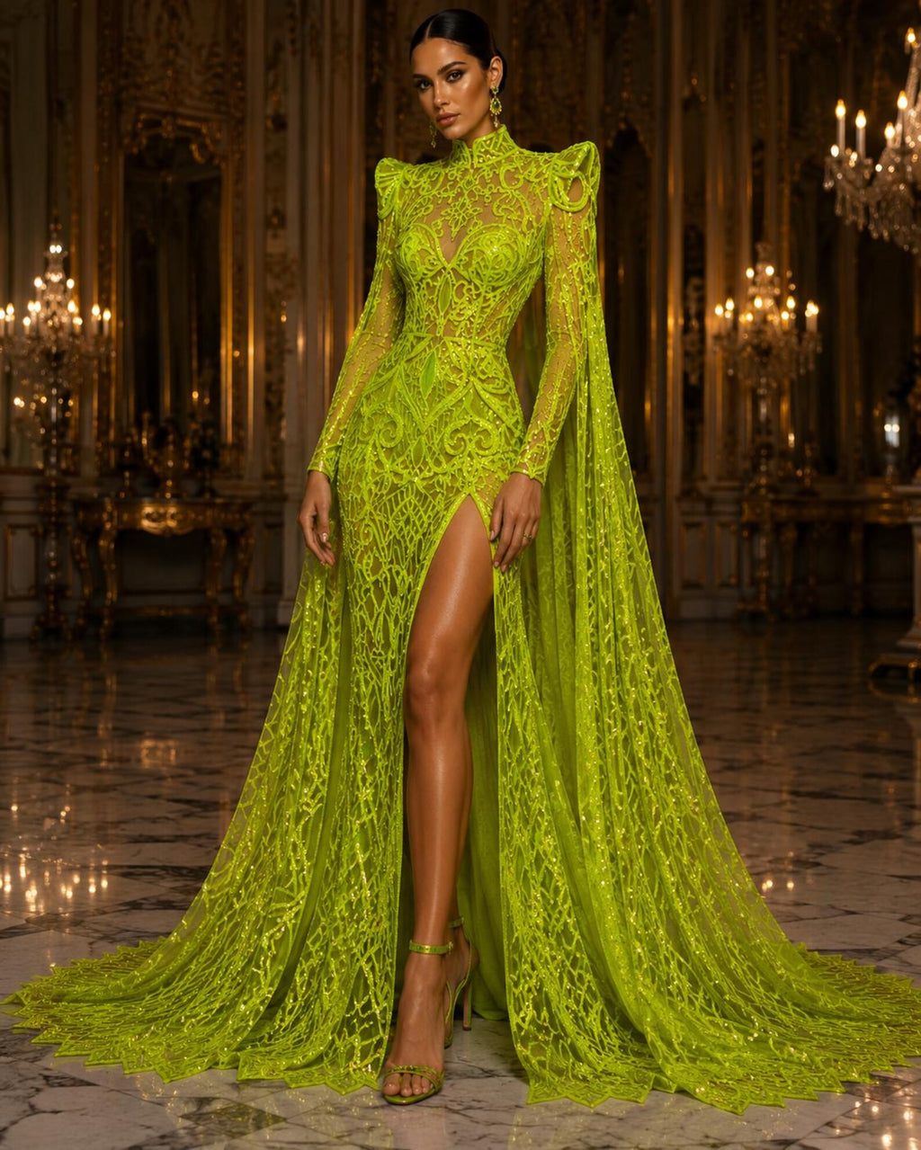 Neon Green - Marvelous Mermaid Luxury Shiny Sequin 4-Way Stretch Mesh Fabric – Prom & Evening Dress Material By The Yard.