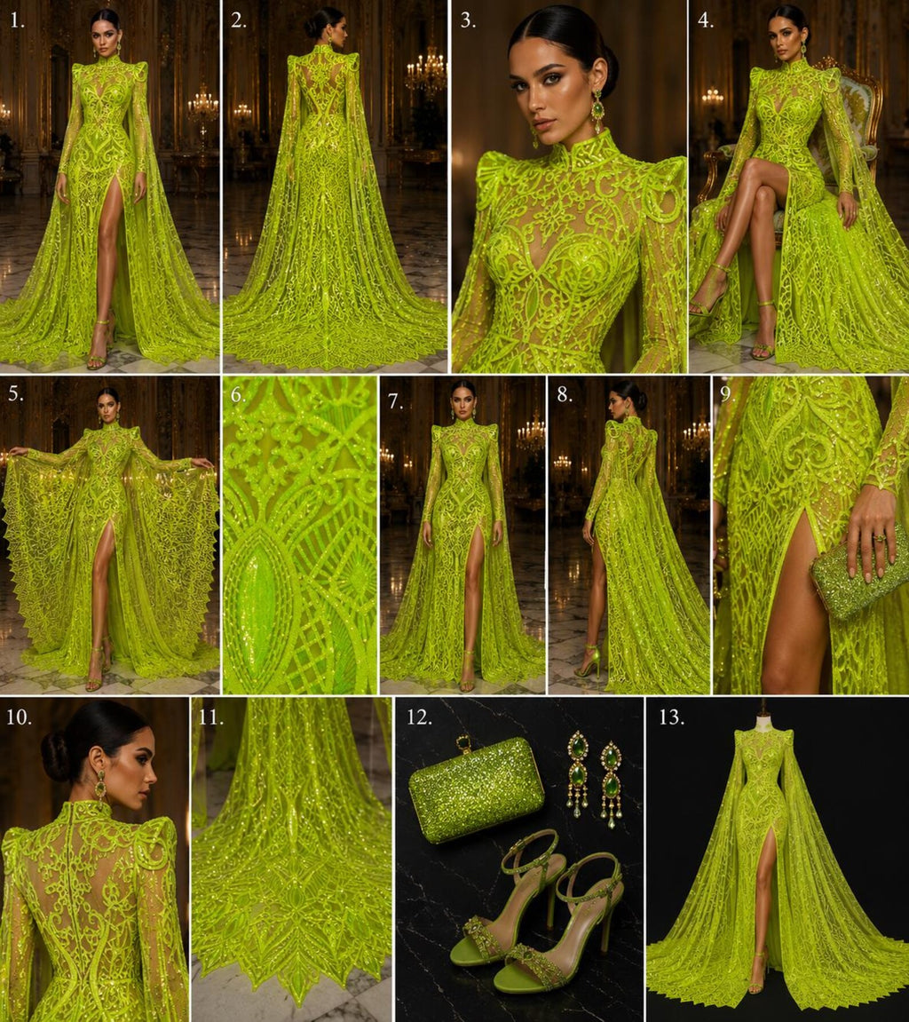 Neon Green - Marvelous Mermaid Luxury Shiny Sequin 4-Way Stretch Mesh Fabric – Prom & Evening Dress Material By The Yard.