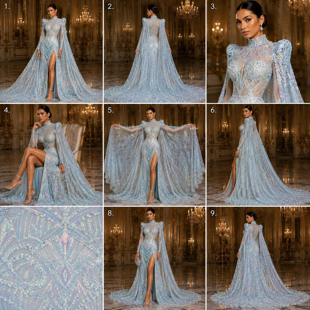 Aqua White - Marvelous Mermaid Luxury Shiny Sequin 4-Way Stretch Mesh Fabric – Prom & Evening Dress Material By The Yard.