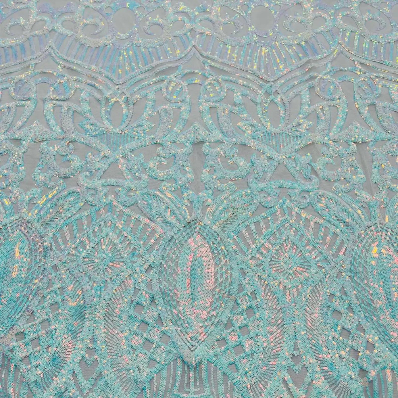 Aqua White - Marvelous Mermaid Luxury Shiny Sequin 4-Way Stretch Mesh Fabric – Prom & Evening Dress Material By The Yard.