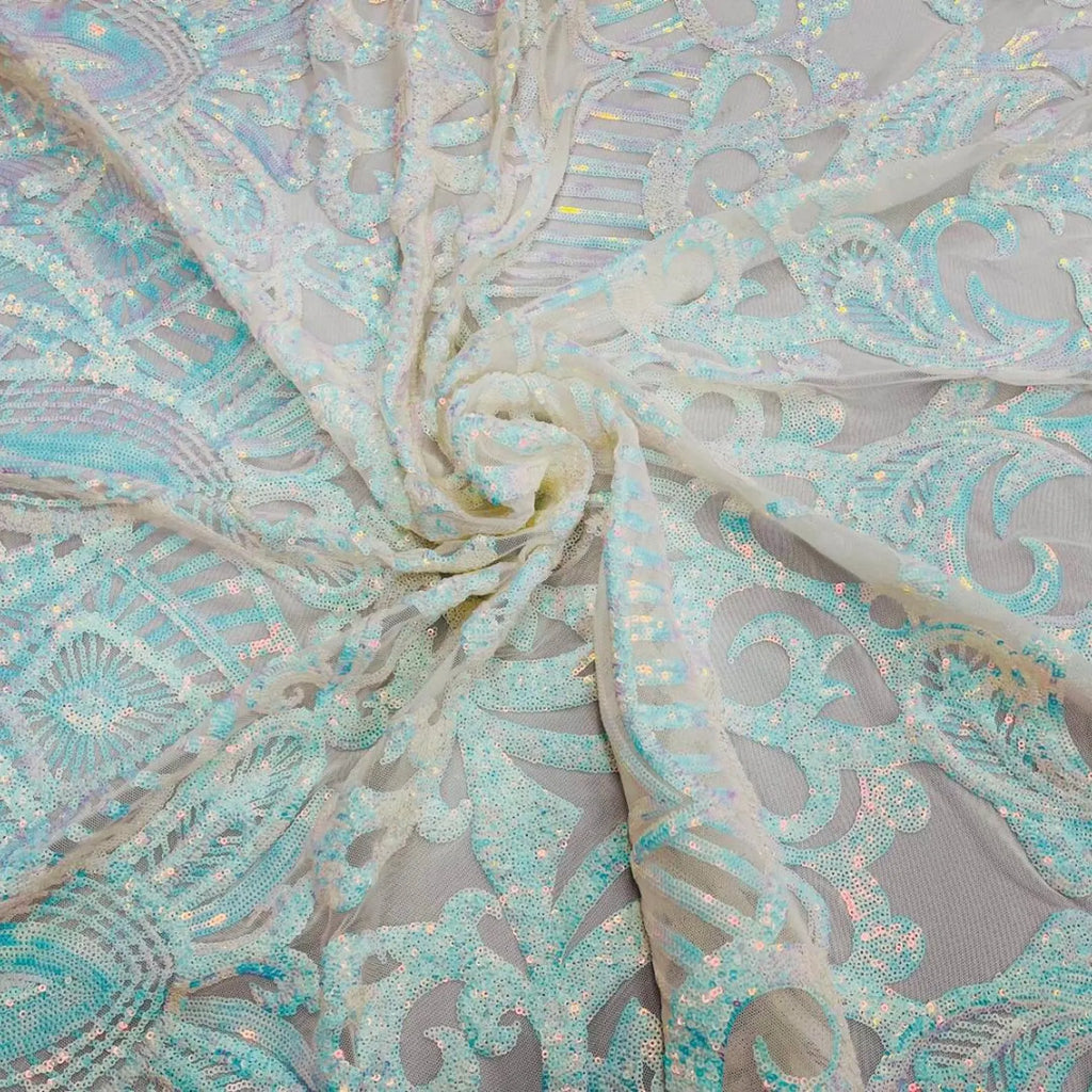 Aqua White - Marvelous Mermaid Luxury Shiny Sequin 4-Way Stretch Mesh Fabric – Prom & Evening Dress Material By The Yard.
