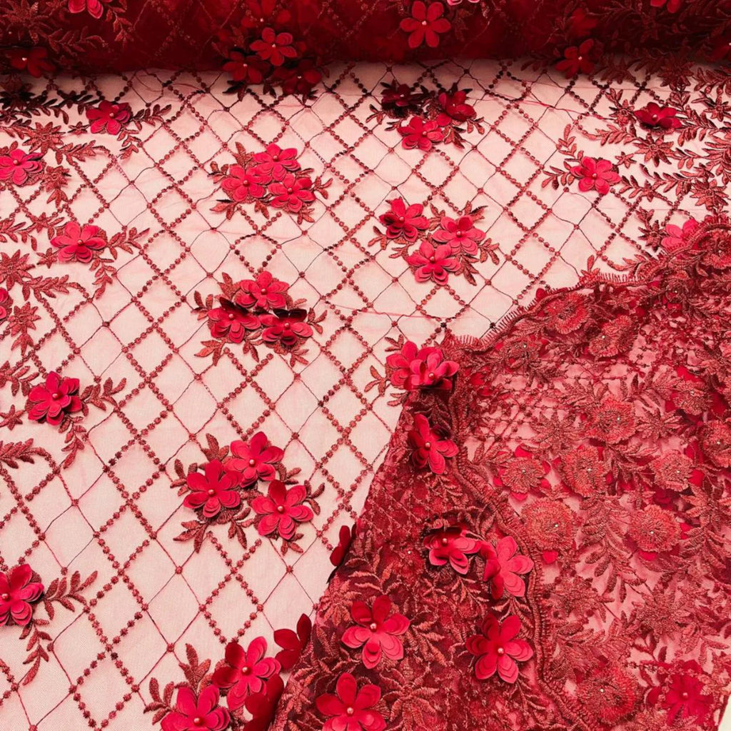3D Floral Embroidery Lace with Pearls Fabric - BURGUNDY - Sold By The Yard Fabric