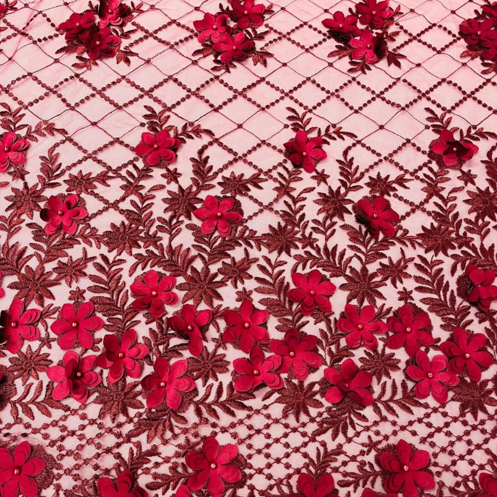 3D Floral Embroidery Lace with Pearls Fabric - BURGUNDY - Sold By The Yard Fabric