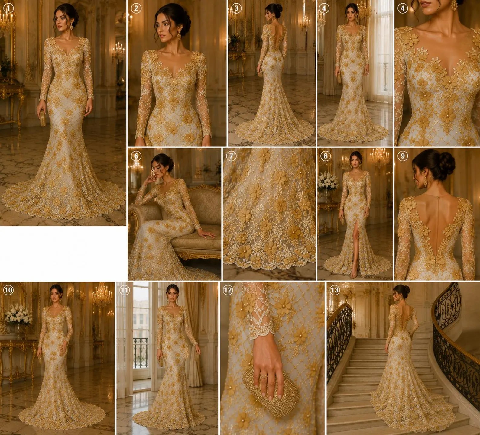 3D Floral Embroidery Lace with Pearls Fabric - GOLD - Sold By The Yard Fabric