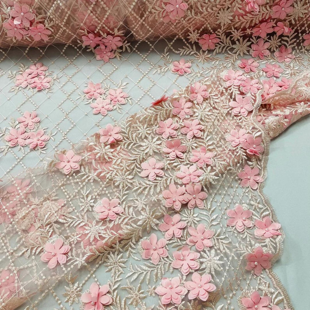 3D Floral Embroidery Lace with Pearls Fabric - PINK - Sold By The Yard Fabric