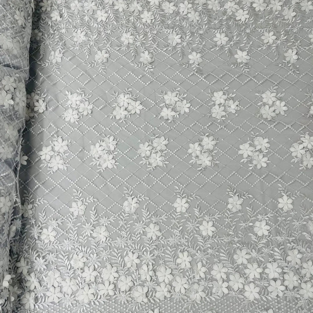 3D Floral Embroidery Lace with Pearls Fabric - WHITE - Sold By The Yard Fabric