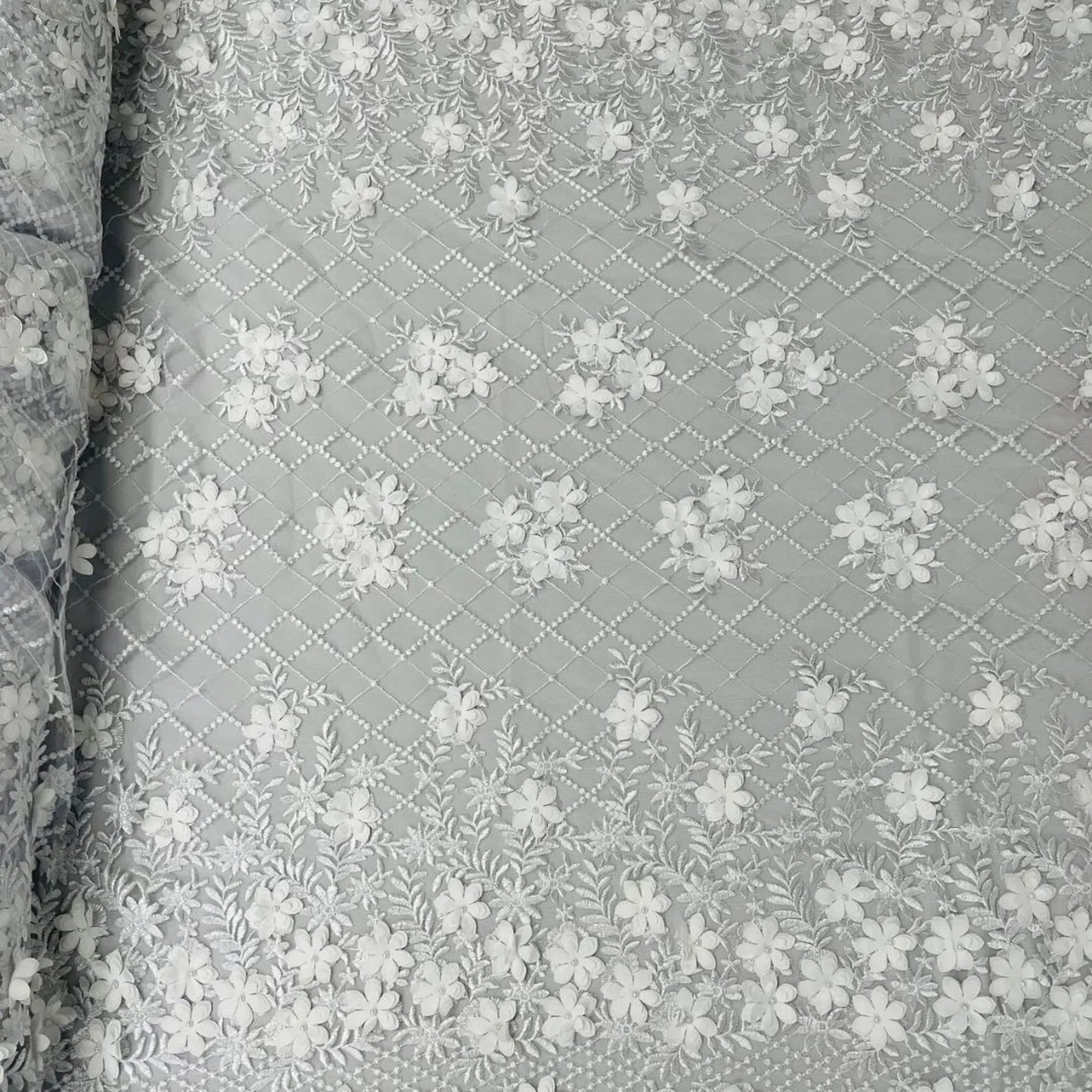 3D Floral Embroidery Lace with Pearls Fabric - WHITE - Sold By The Yard Fabric