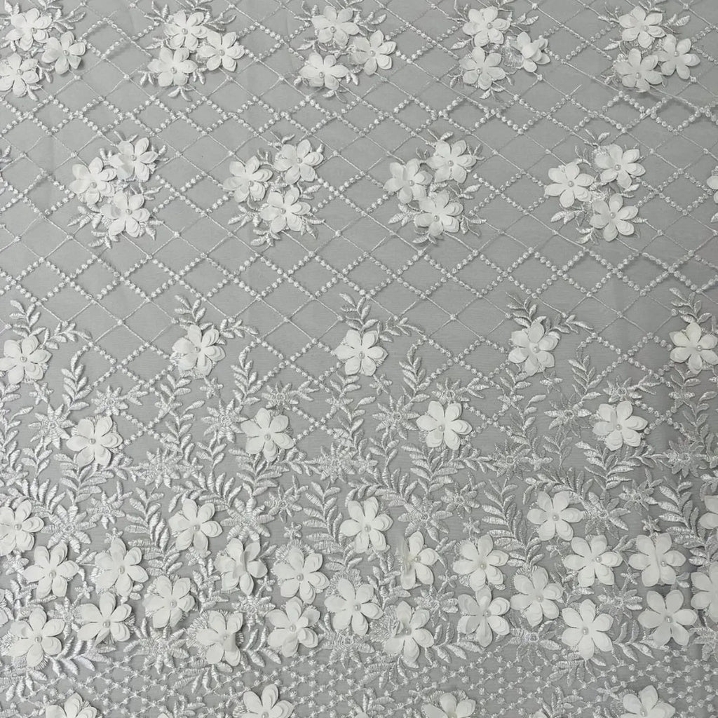3D Floral Embroidery Lace with Pearls Fabric - WHITE - Sold By The Yard Fabric