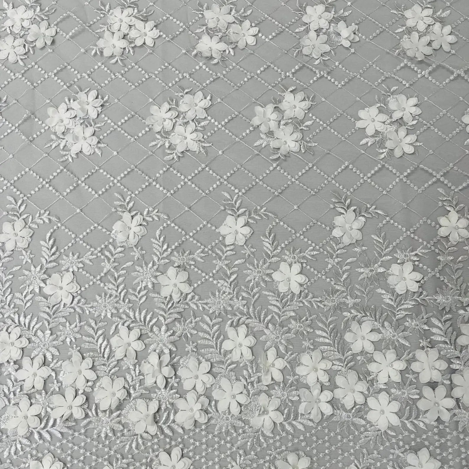 3D Floral Embroidery Lace with Pearls Fabric - WHITE - Sold By The Yard Fabric