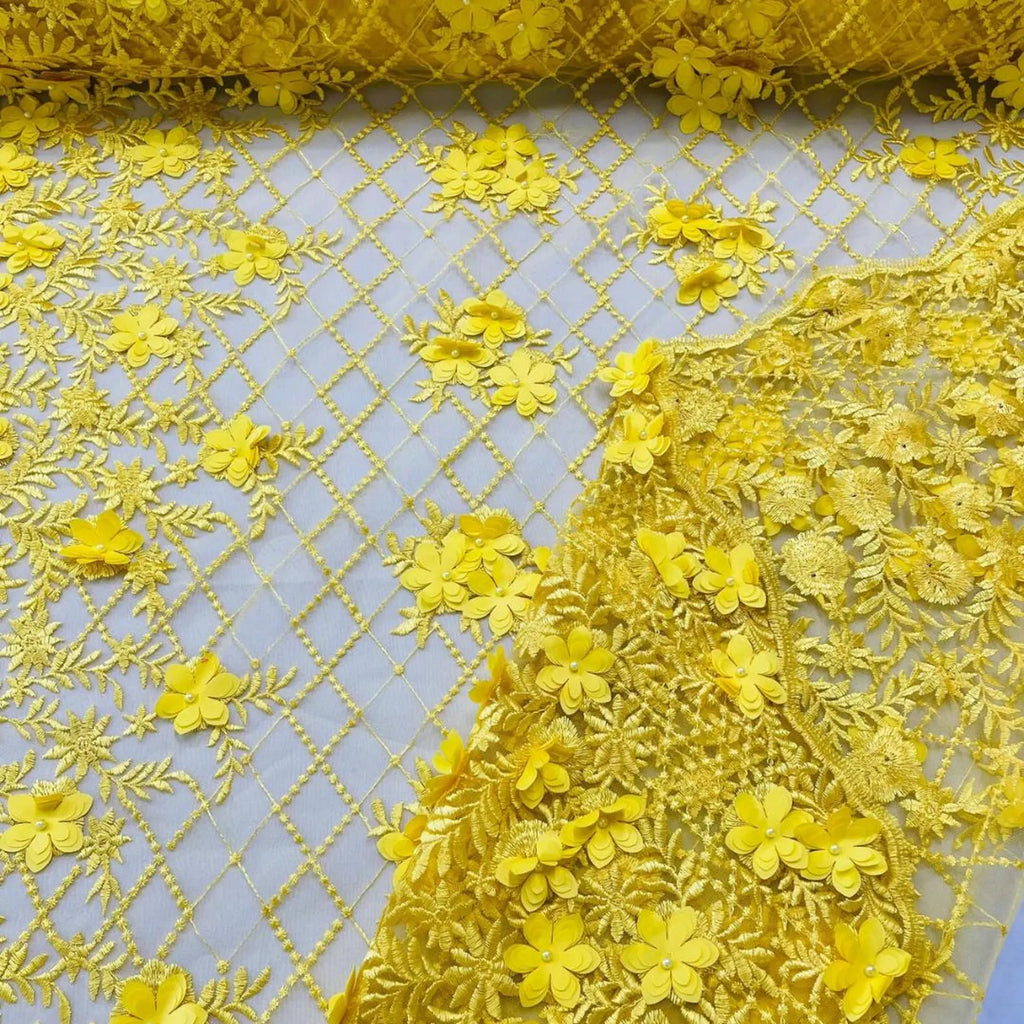 3D Floral Embroidery Lace with Pearls Fabric - YELLOW - Sold By The Yard Fabric