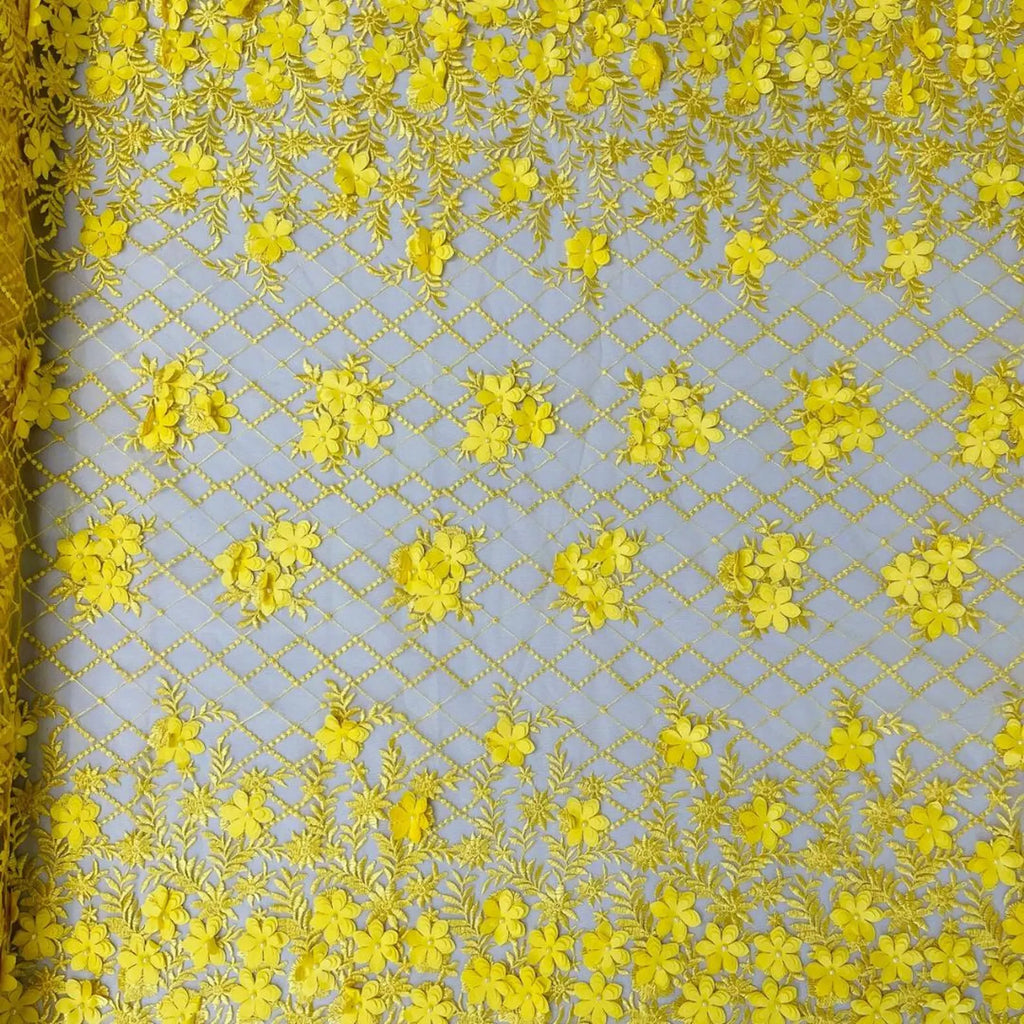 3D Floral Embroidery Lace with Pearls Fabric - YELLOW - Sold By The Yard Fabric