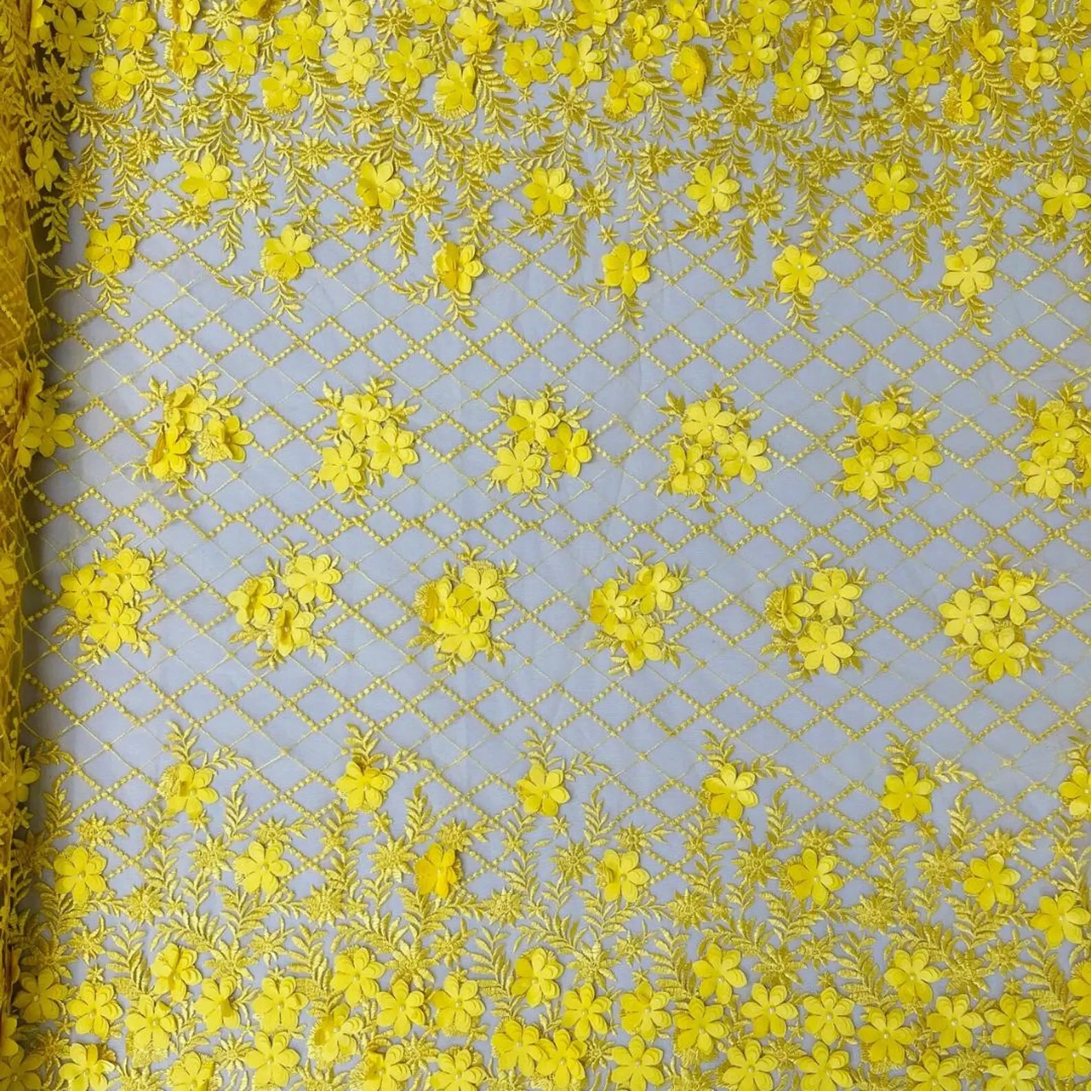 3D Floral Embroidery Lace with Pearls Fabric - YELLOW - Sold By The Yard Fabric