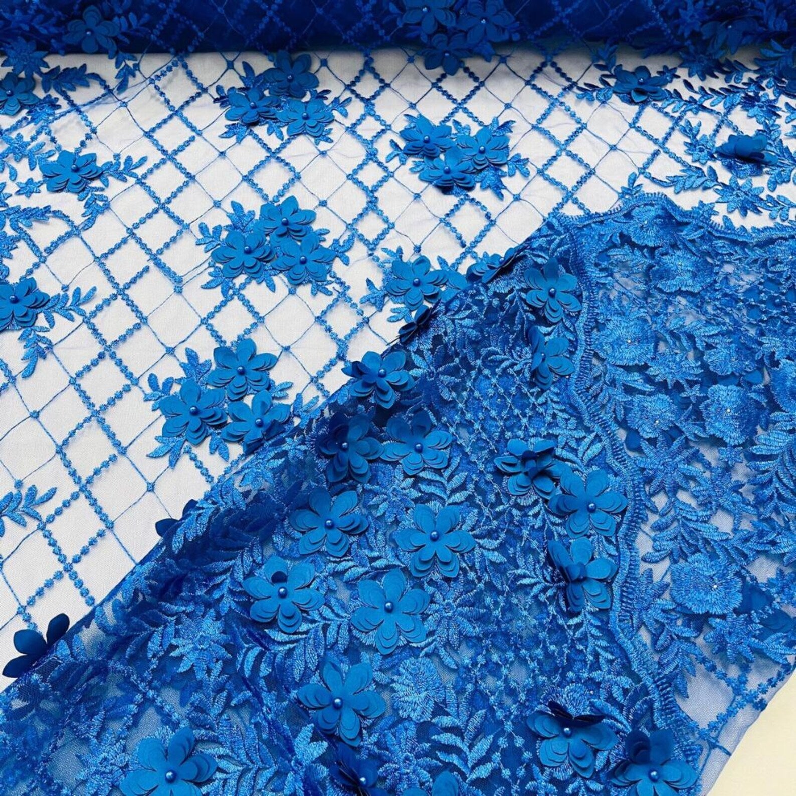 3D Floral Embroidery Lace with Pearls Fabric - ROYAL BLUE - Sold By The Yard Fabric
