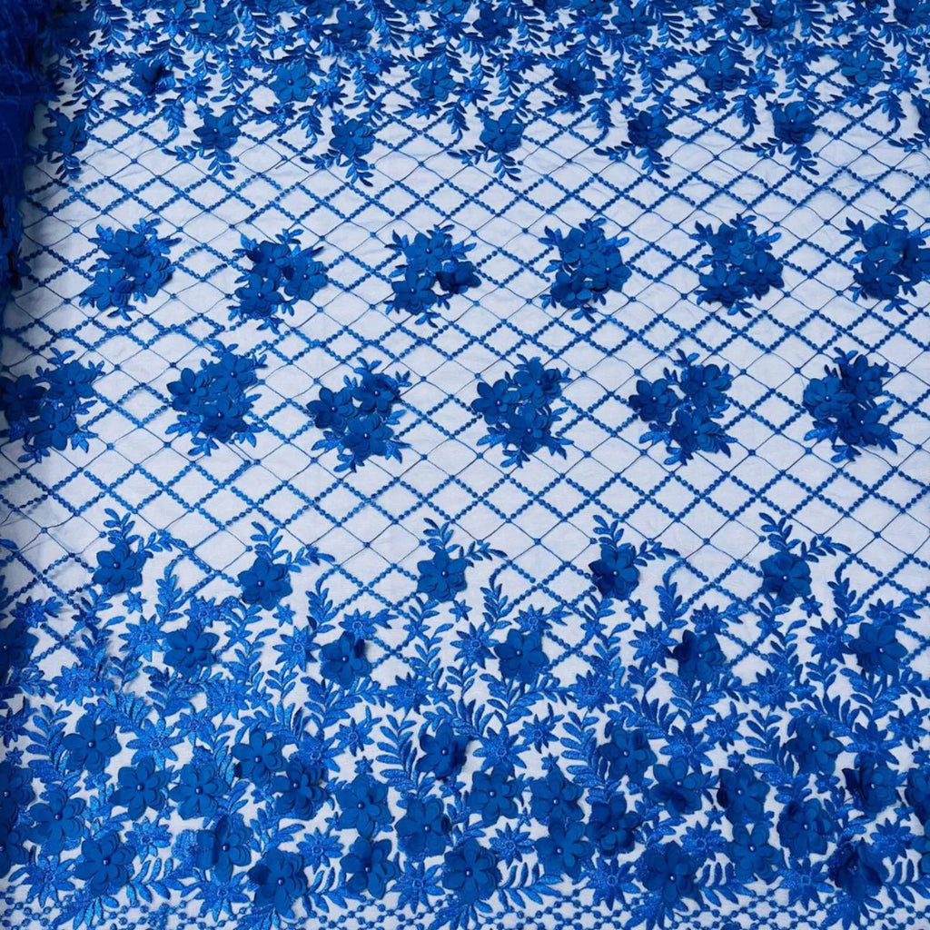 3D Floral Embroidery Lace with Pearls Fabric - ROYAL BLUE - Sold By The Yard Fabric
