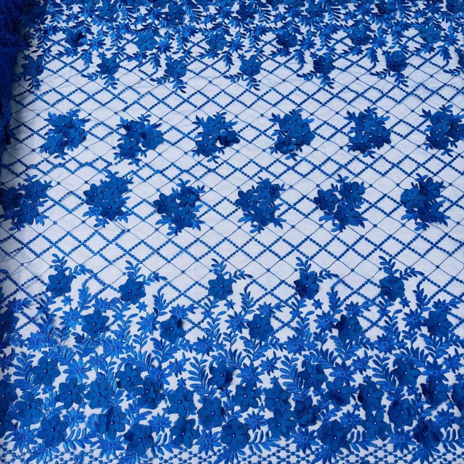 3D Floral Embroidery Lace with Pearls Fabric - ROYAL BLUE - Sold By The Yard Fabric