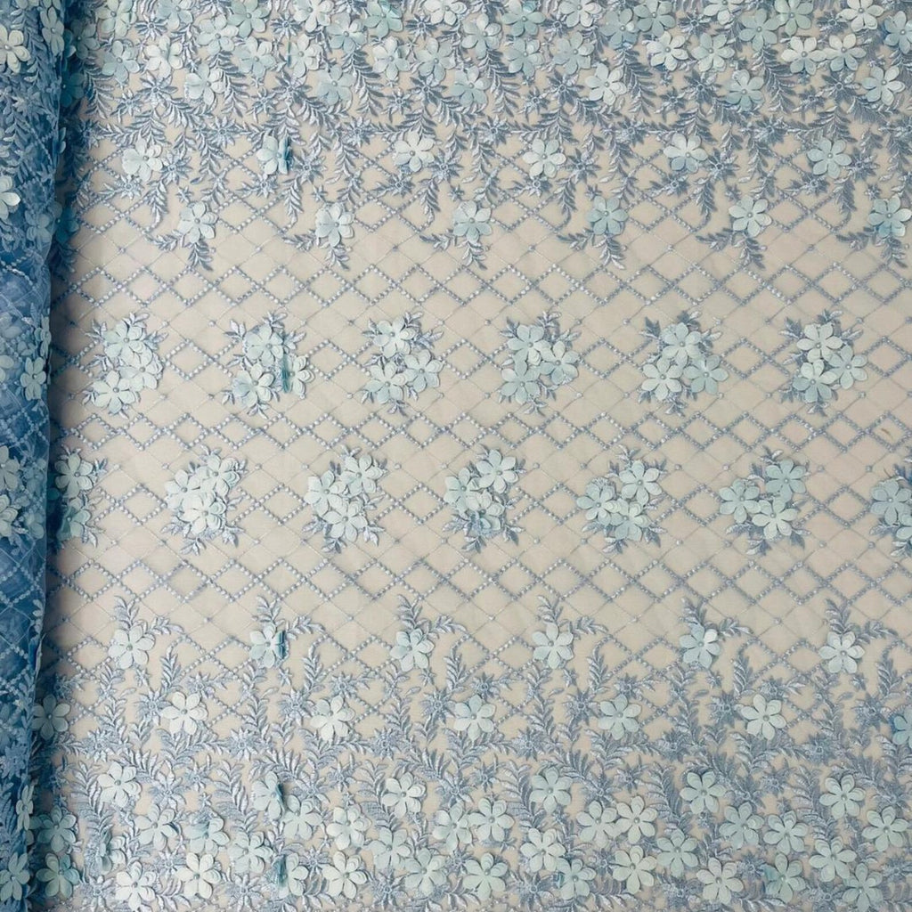 3D Floral Embroidery Lace with Pearls Fabric - LT BLUE - Sold By The Yard Fabric
