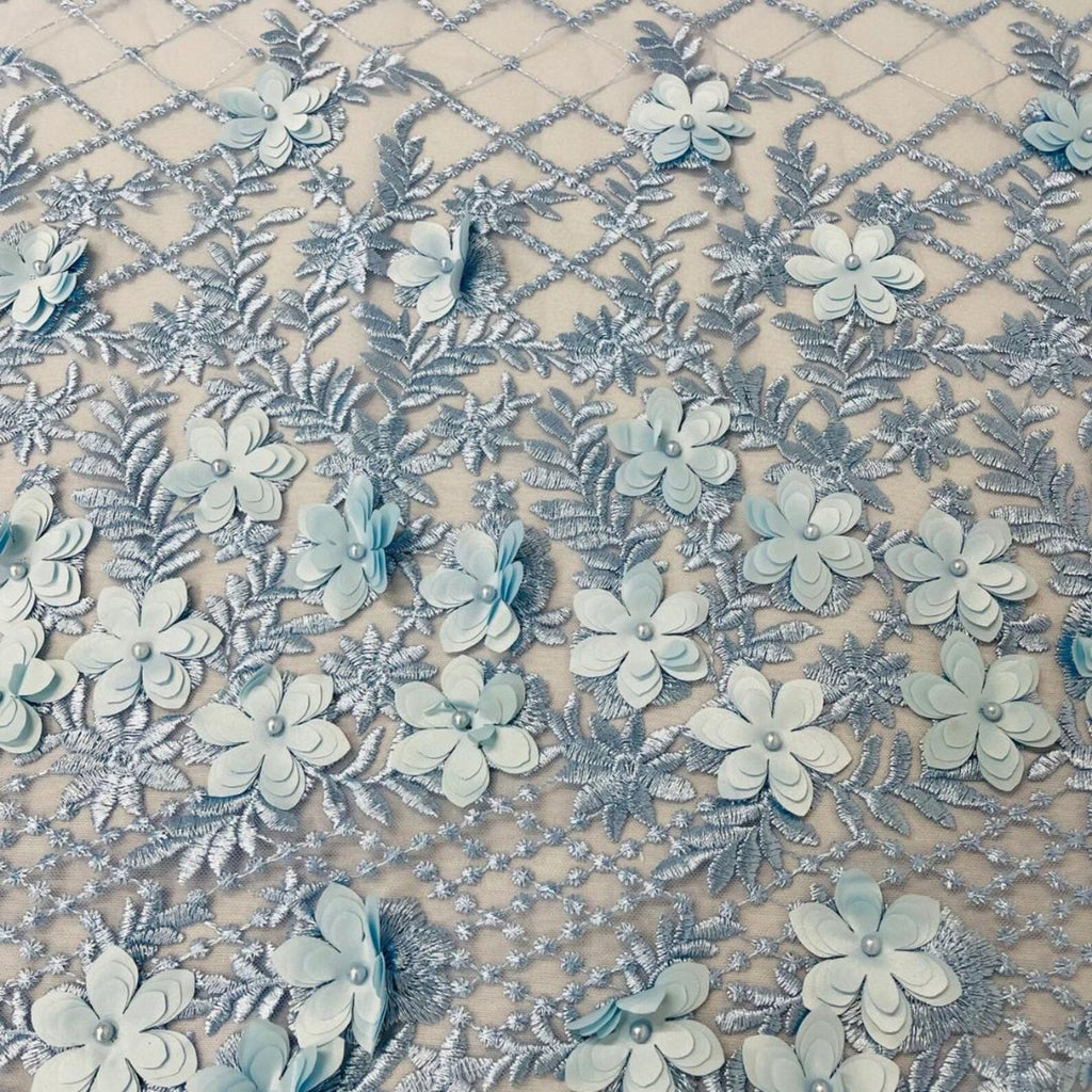 3D Floral Embroidery Lace with Pearls Fabric - LT BLUE - Sold By The Yard Fabric