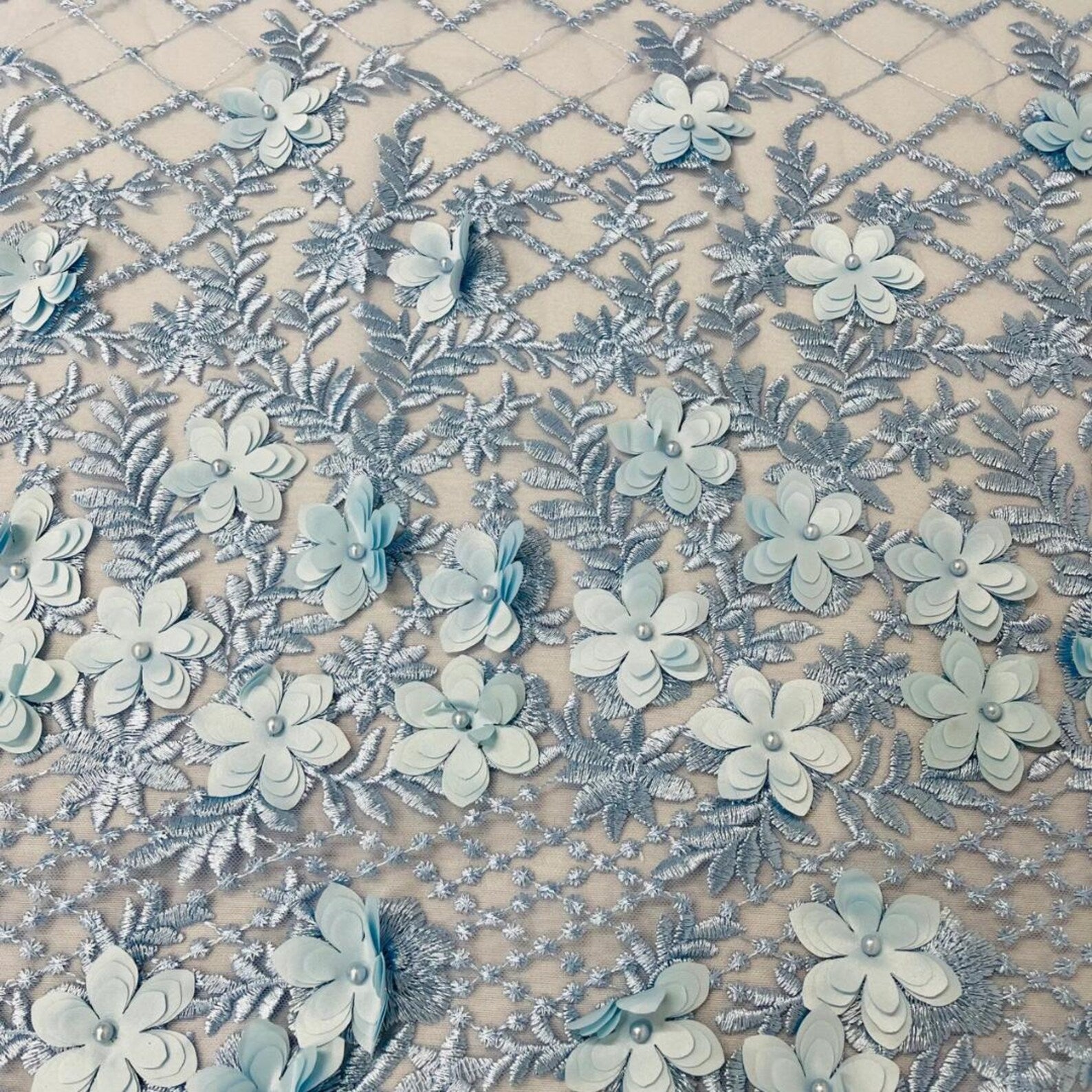 3D Floral Embroidery Lace with Pearls Fabric - LT BLUE - Sold By The Yard Fabric