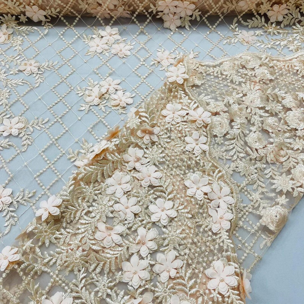 3D Floral Embroidery Lace with Pearls Fabric - PEACH - Sold By The Yard Fabric
