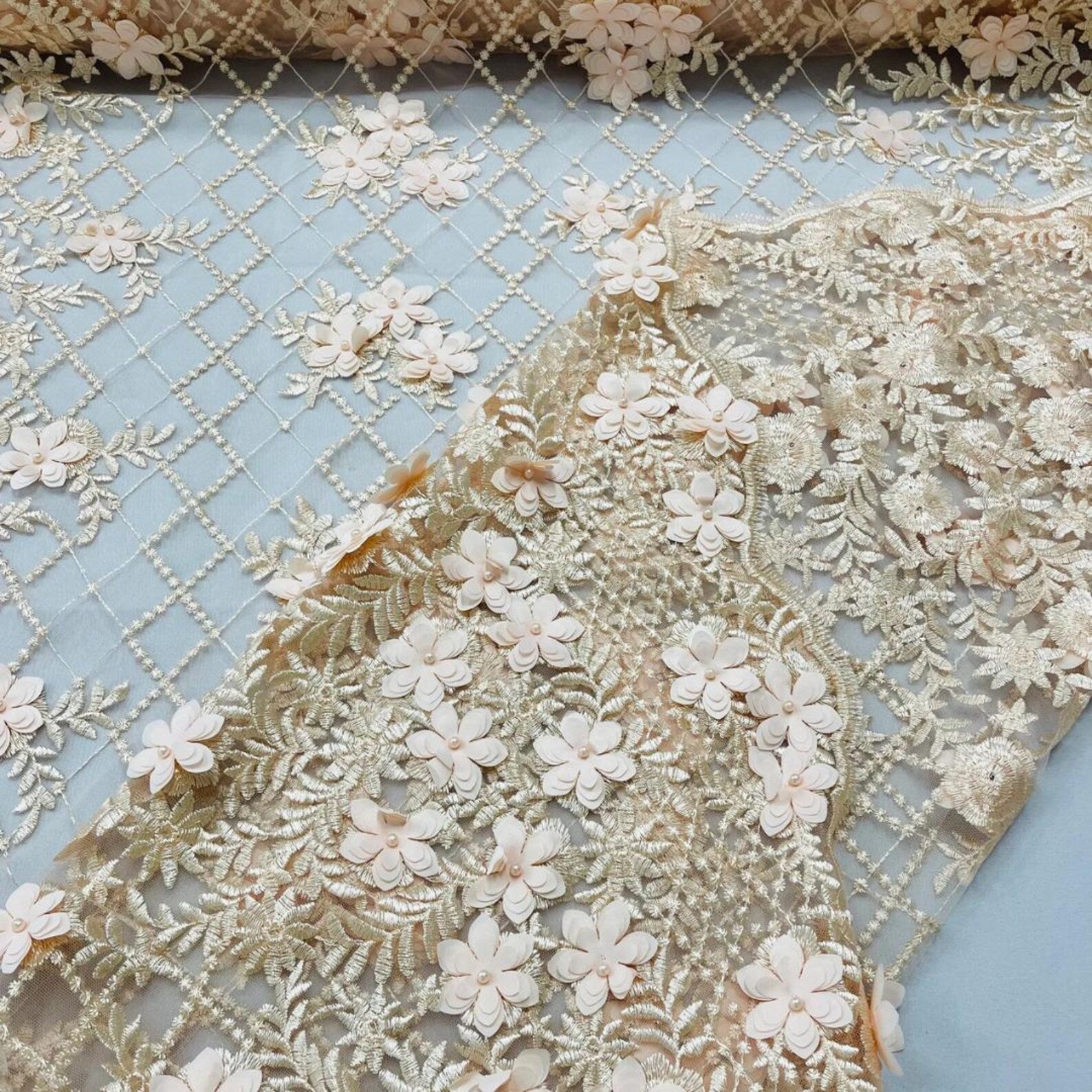 3D Floral Embroidery Lace with Pearls Fabric - PEACH - Sold By The Yard Fabric