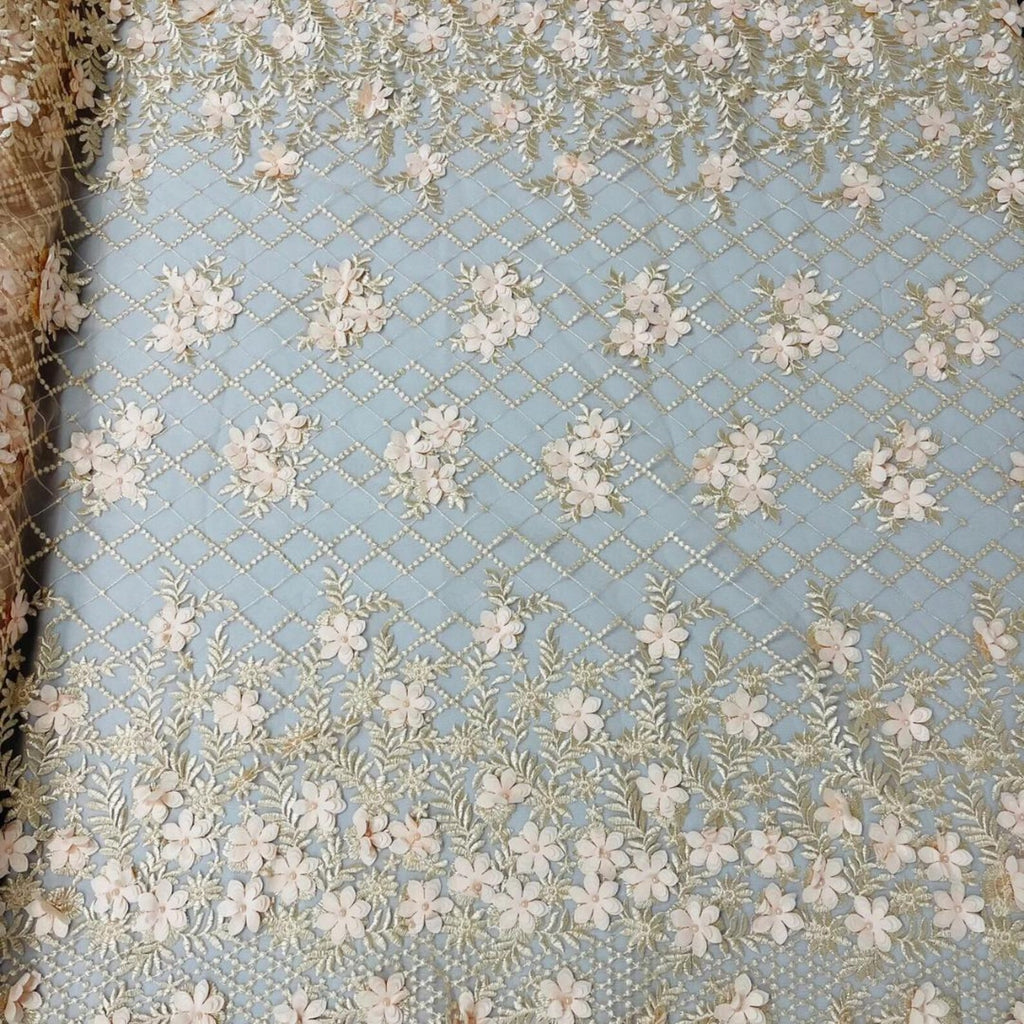 3D Floral Embroidery Lace with Pearls Fabric - PEACH - Sold By The Yard Fabric