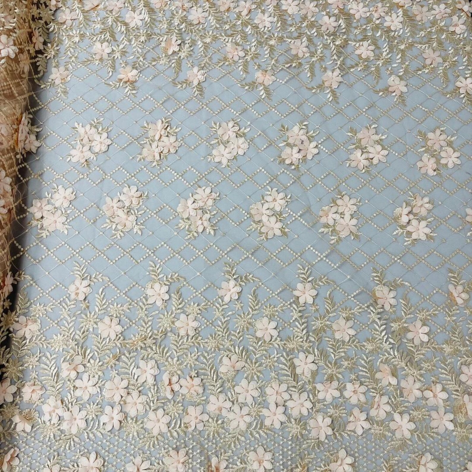 3D Floral Embroidery Lace with Pearls Fabric - PEACH - Sold By The Yard Fabric